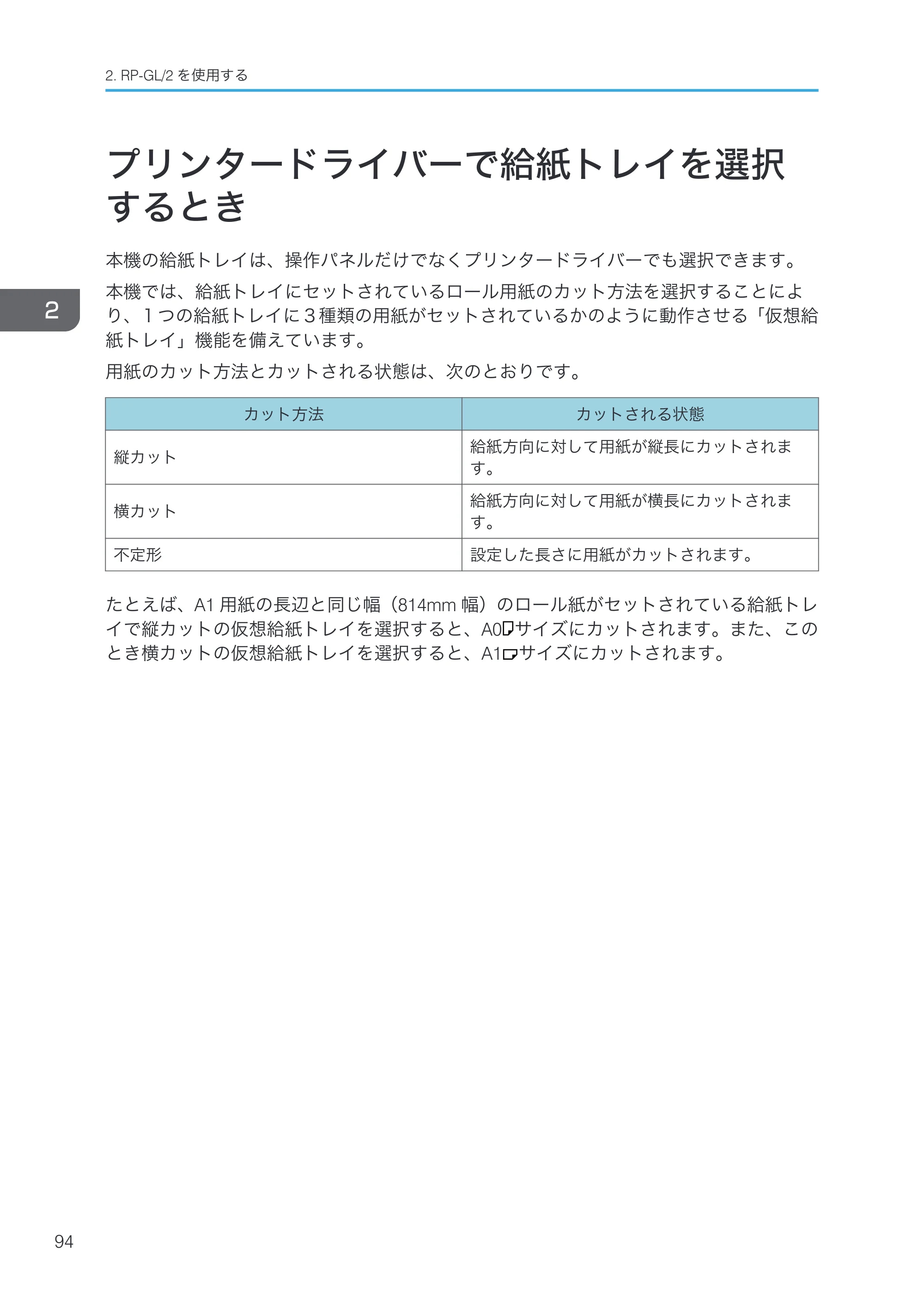 リコー RICOH MP W6700SP 使用説明書（RP-GL/2 & RTIFF） — プリンタードライバーで給紙トレイを選択するとき — 原本ページ — 96ページ