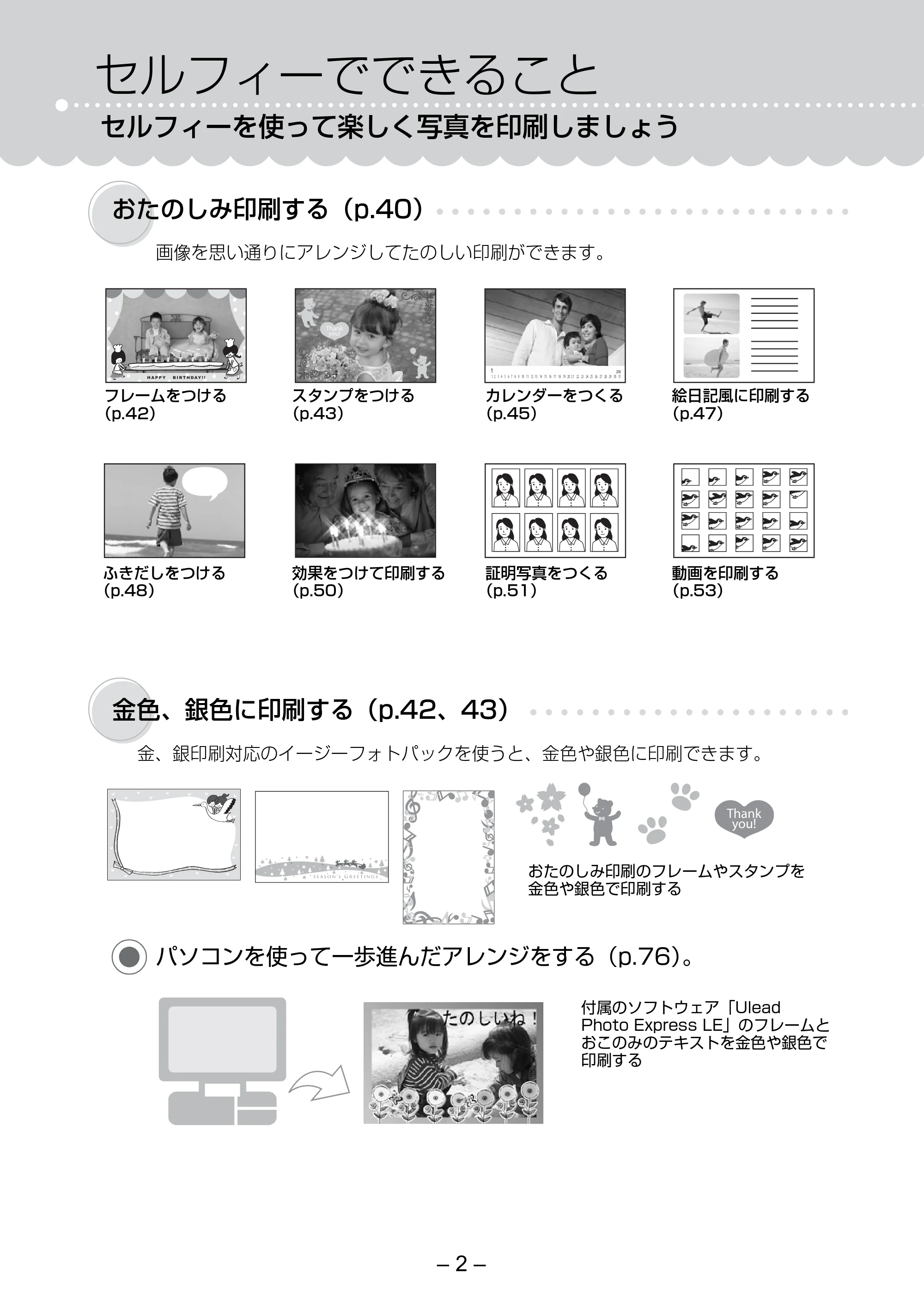 キヤノン SELPHY ES30 プリンターユーザーガイド （PDF形式／4.83Mバイト） — セルフィーでできること — 原本ページ — 2ページ