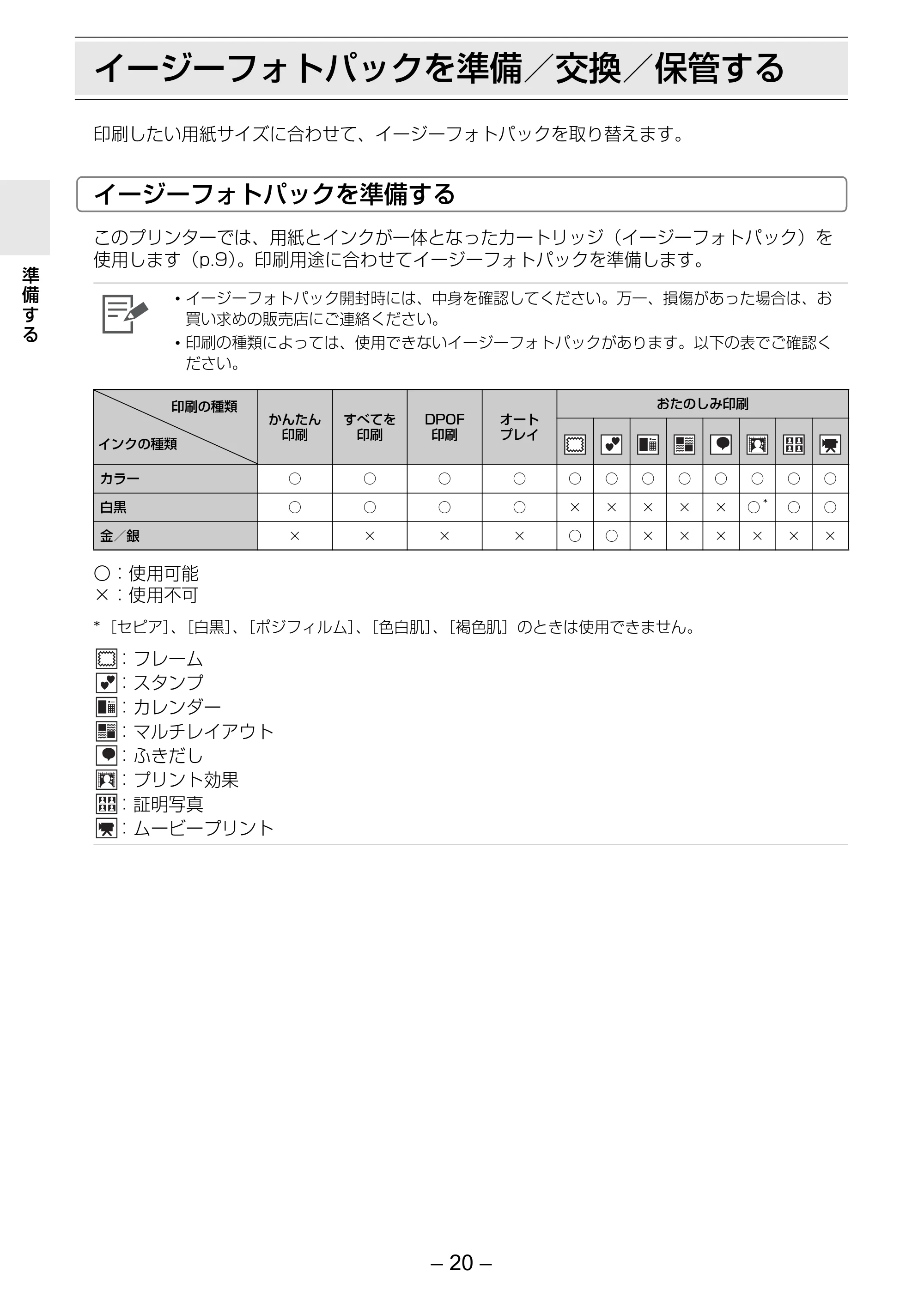 キヤノン SELPHY ES30 プリンターユーザーガイド （PDF形式／4.83Mバイト） — イージーフォトパックを準備／交換／保管する — 原本ページ — 20ページ