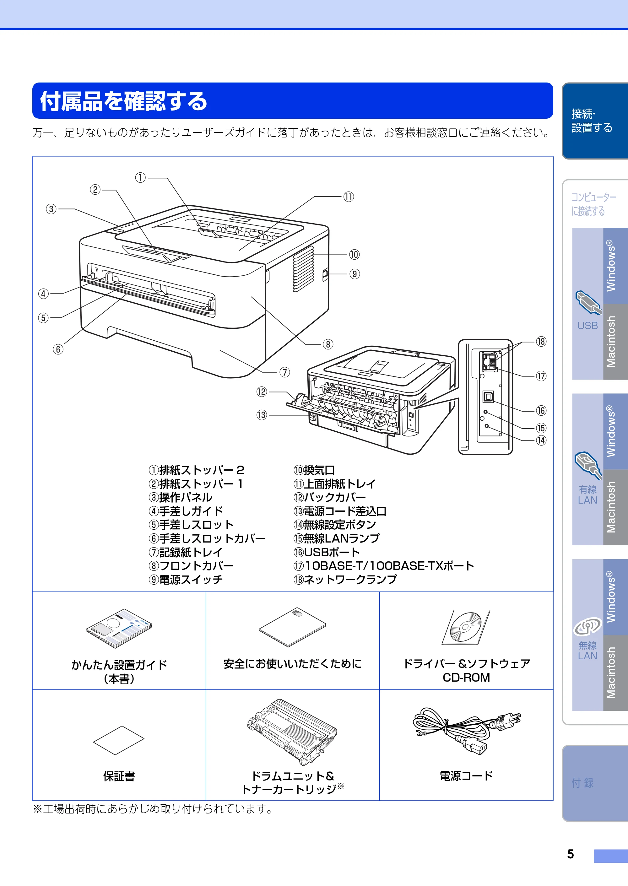 ブラザー HL-2270DW かんたん設置ガイド — STEP1 接続・設置する — 原本ページ — 5ページ