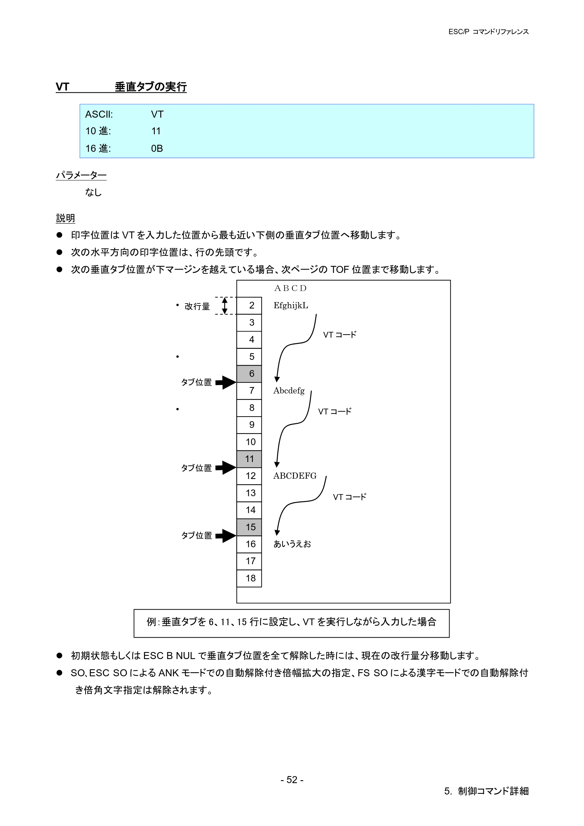 ブラザー QL-820NWB/ 820NWBc ESC/Pコマンドリファレンス — VT 垂直タブの実行 — 原本ページ — 58ページ