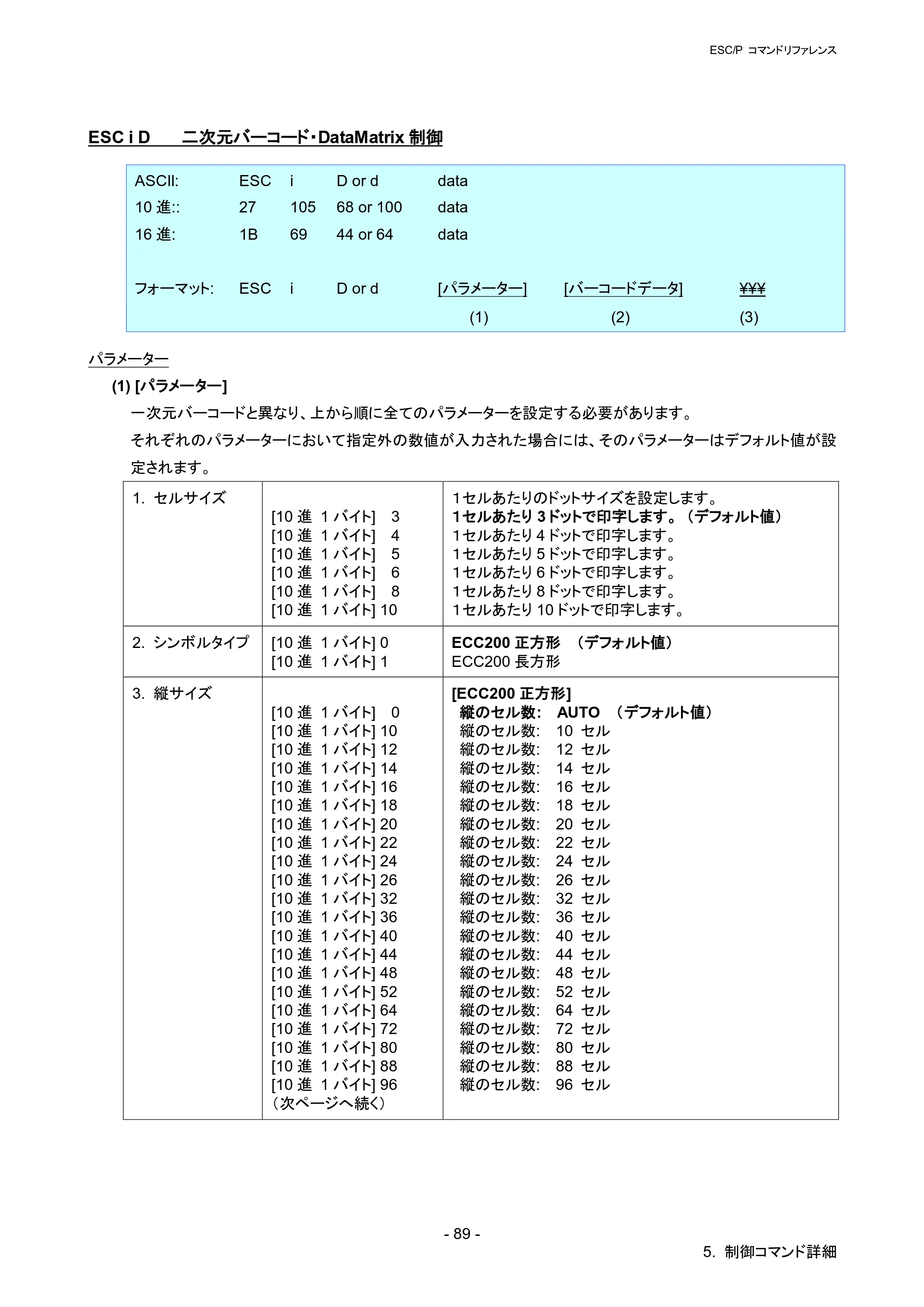 ブラザー QL-820NWB/ 820NWBc ESC/Pコマンドリファレンス — ESC i D 二次元バーコード・DataMatrix制御 — 原本ページ — 95ページ