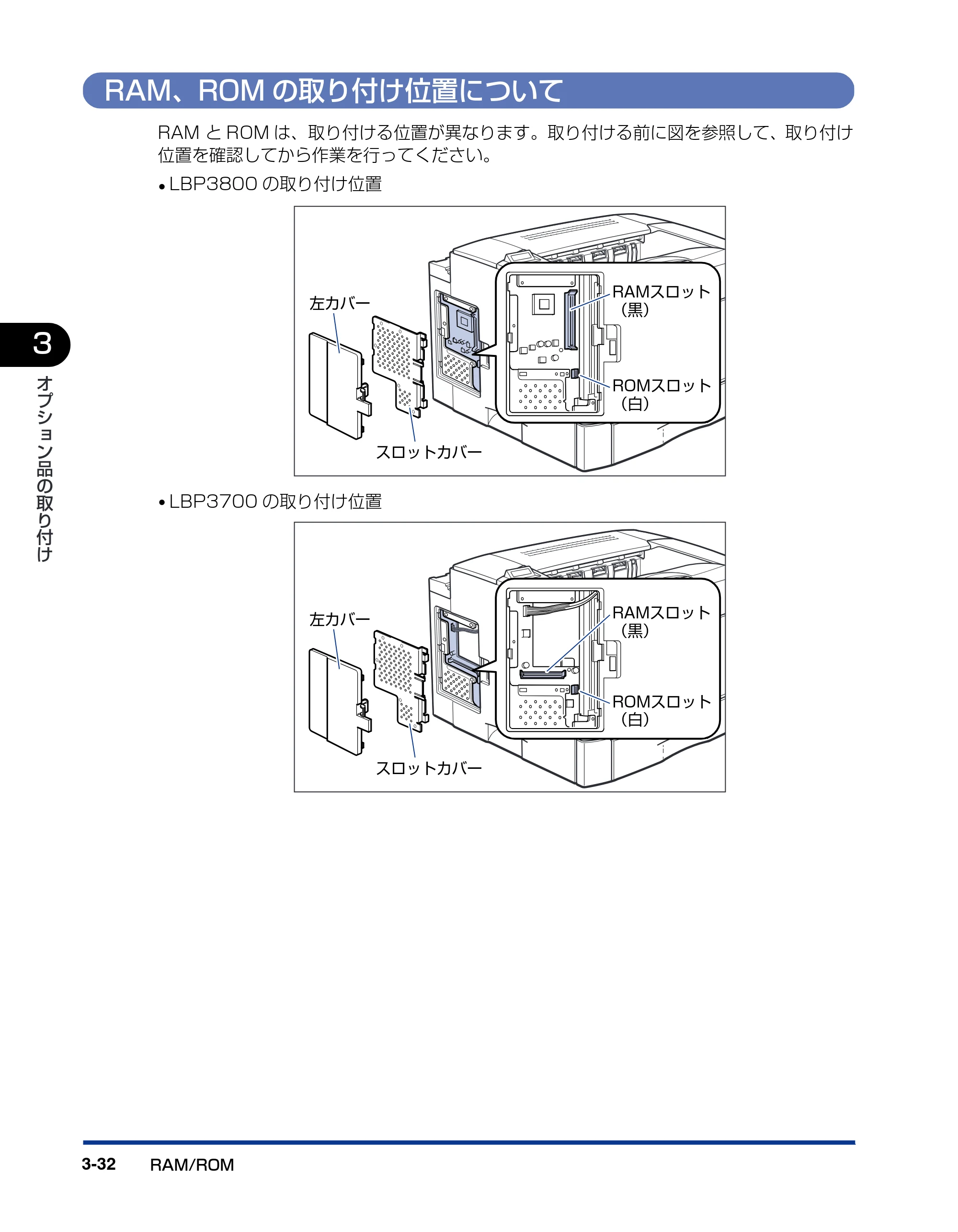 キヤノン LBP3800/3700 設置ガイド 2006年5月25日更新 （PDF形式／5.29Mバイト） — RAM、ROMの取り付け位置について — 原本ページ — 116ページ