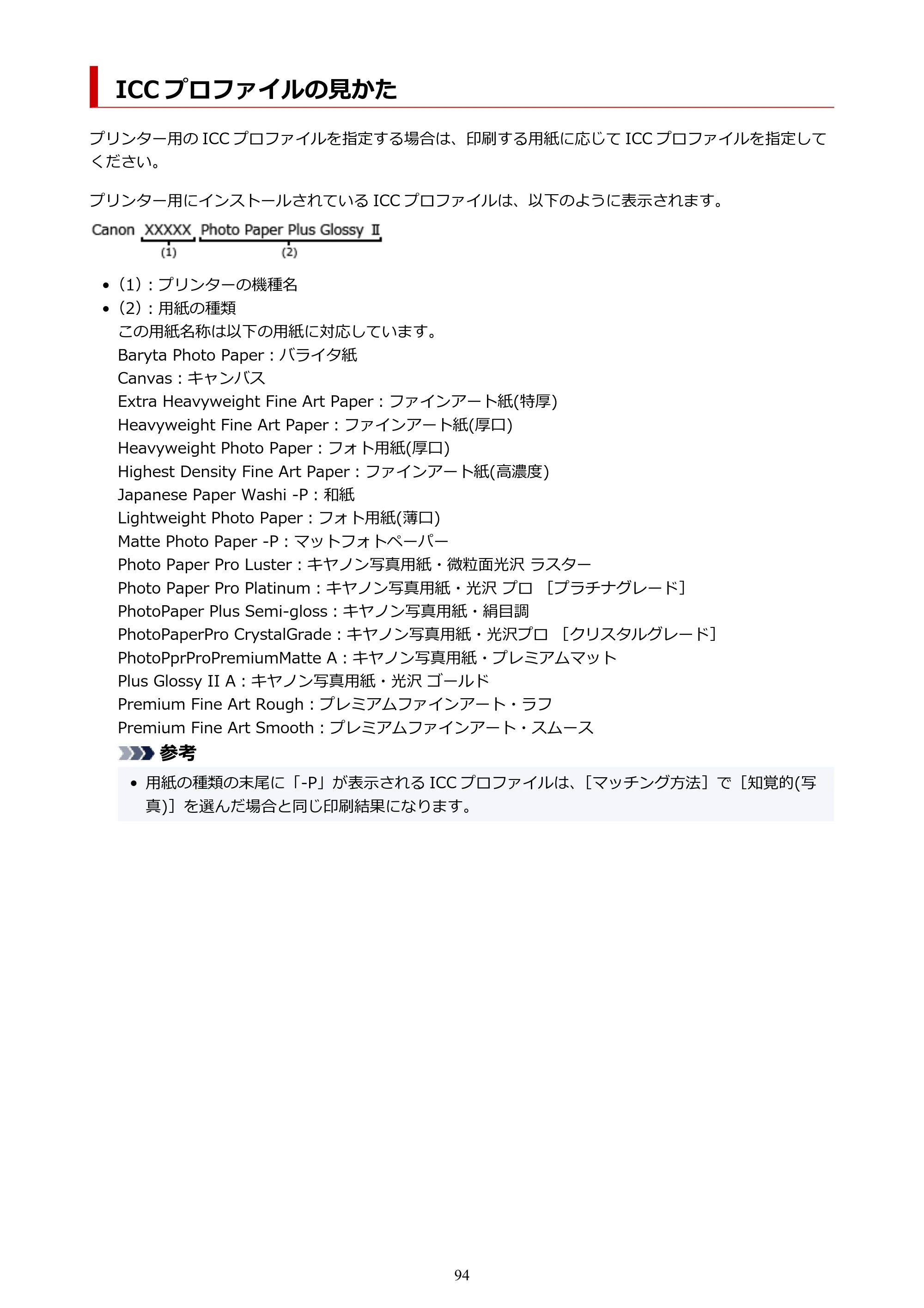 キヤノン PRO-1100 PRO-1100 (PDF) オンラインマニュアル 取扱説明書(Mac)2026年5月21日更新(PDF:5.49MB) — ICC プロファイルの見かた — 原本ページ — 94ページ