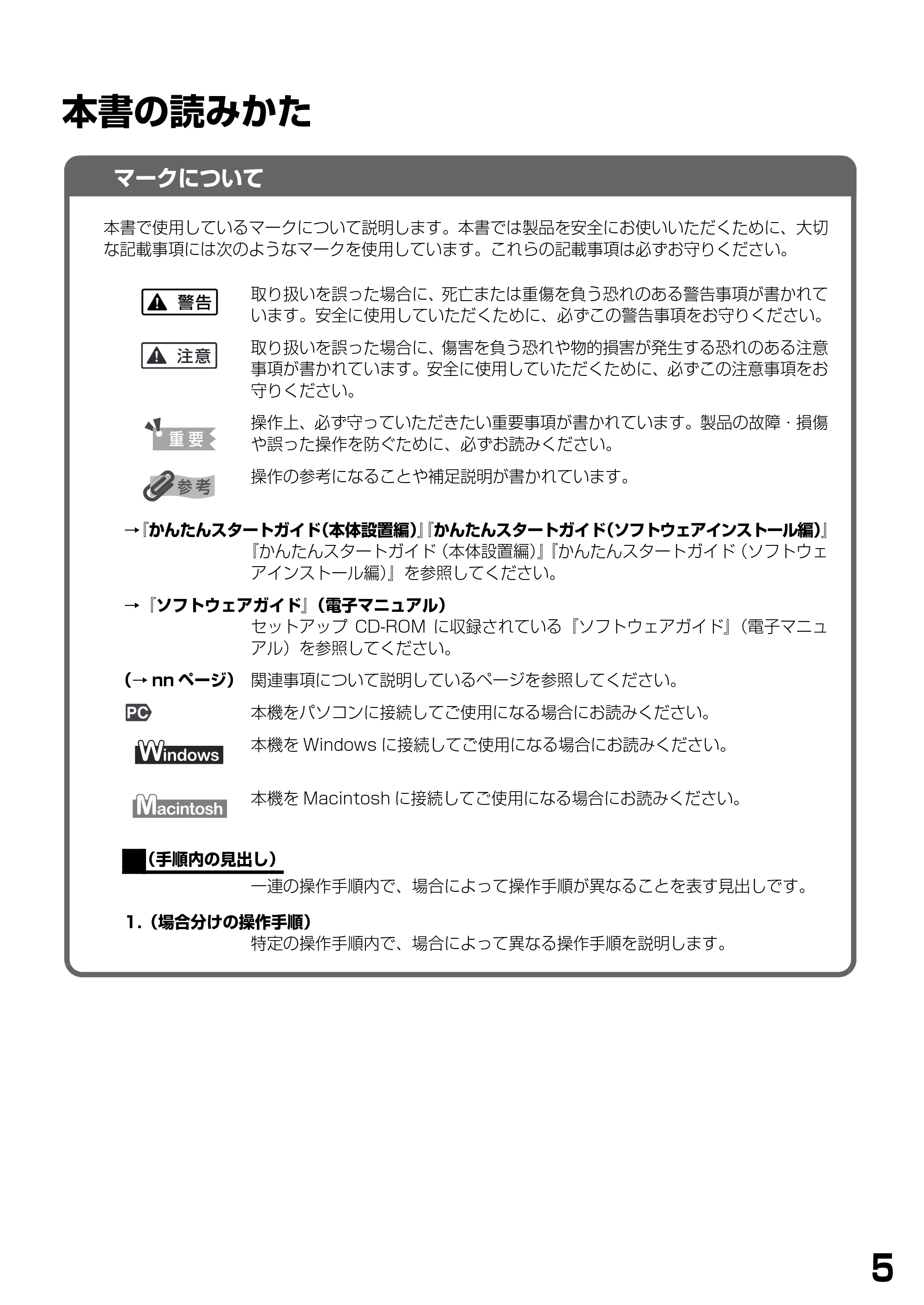 キヤノン PIXUS MP900 基本操作ガイド （PDF形式／9.38Mバイト） — 本書の読みかた — 原本ページ — 7ページ