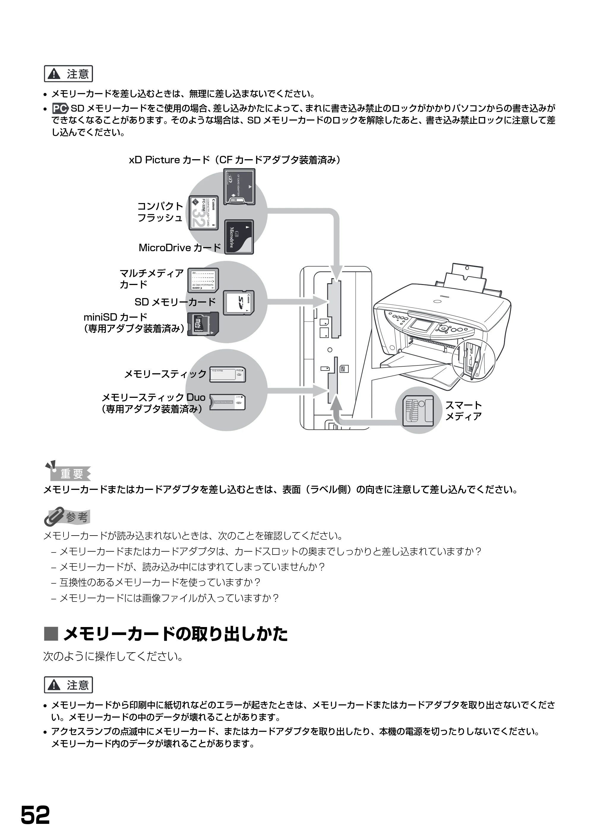 キヤノン PIXUS MP900 基本操作ガイド （PDF形式／9.38Mバイト） — ■ メモリーカードの取り出しかた — 原本ページ — 54ページ