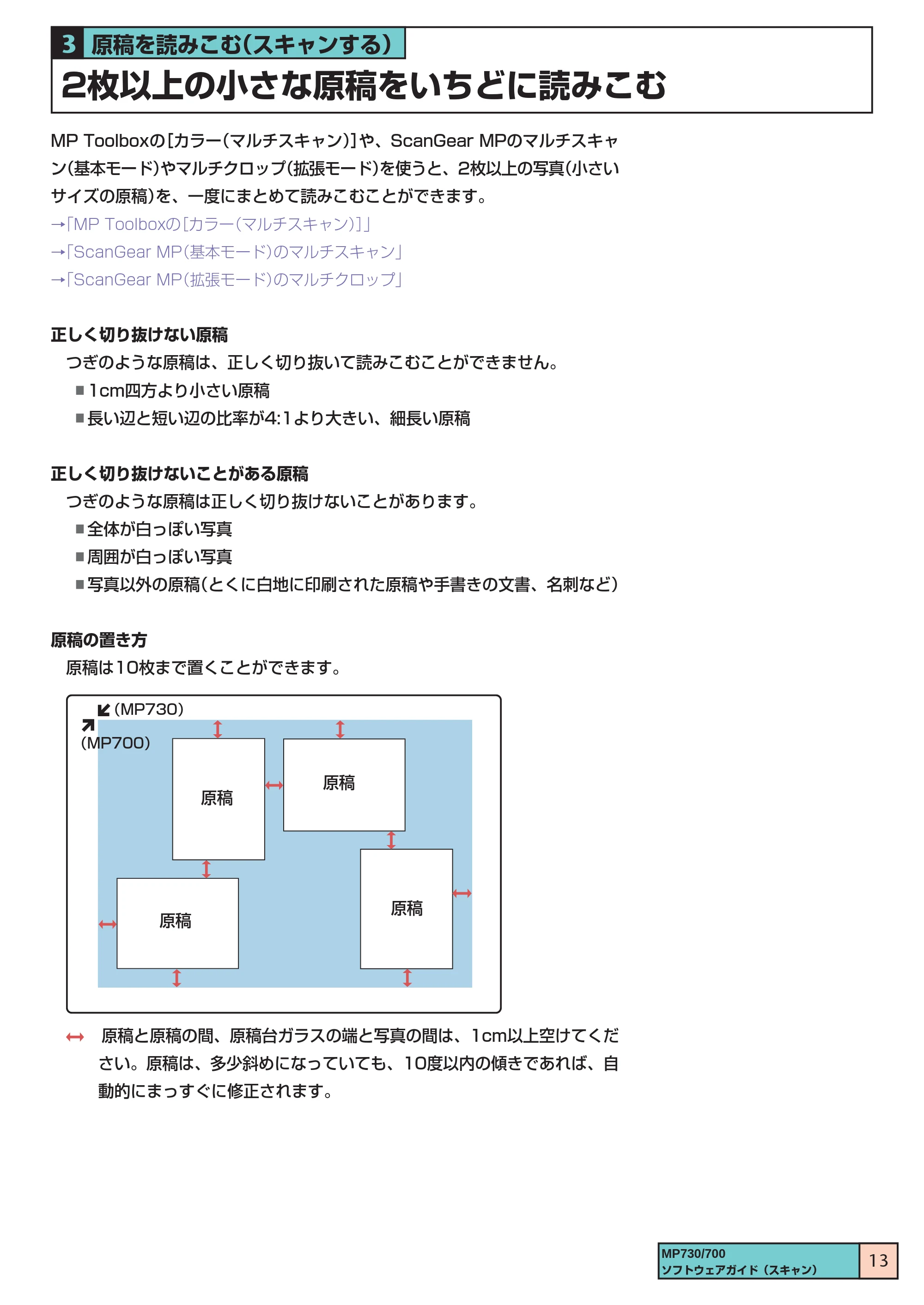 キヤノン PIXUS MP700 ソフトウエアガイド(3) (PDF形式/1.15Mバイト) — 2枚以上の小さな原稿をいちどに読みこむ — 原本ページ — 13ページ