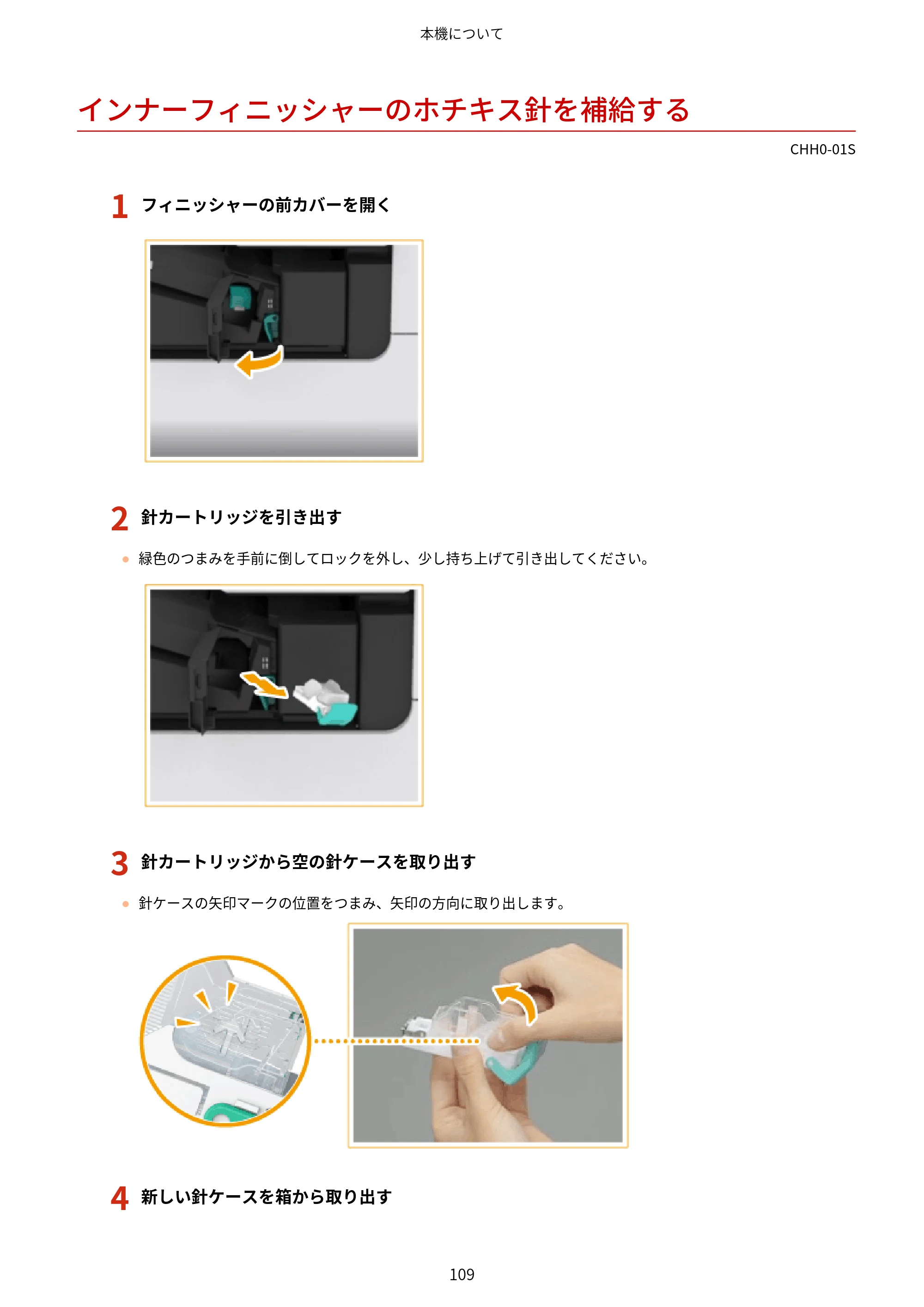 キヤノン MF7725F ユーザーズガイド 2025年11月6日更新（PDF：17.2MB） — インナーフィニッシャーのホチキス針を補給する — 原本ページ — 122ページ