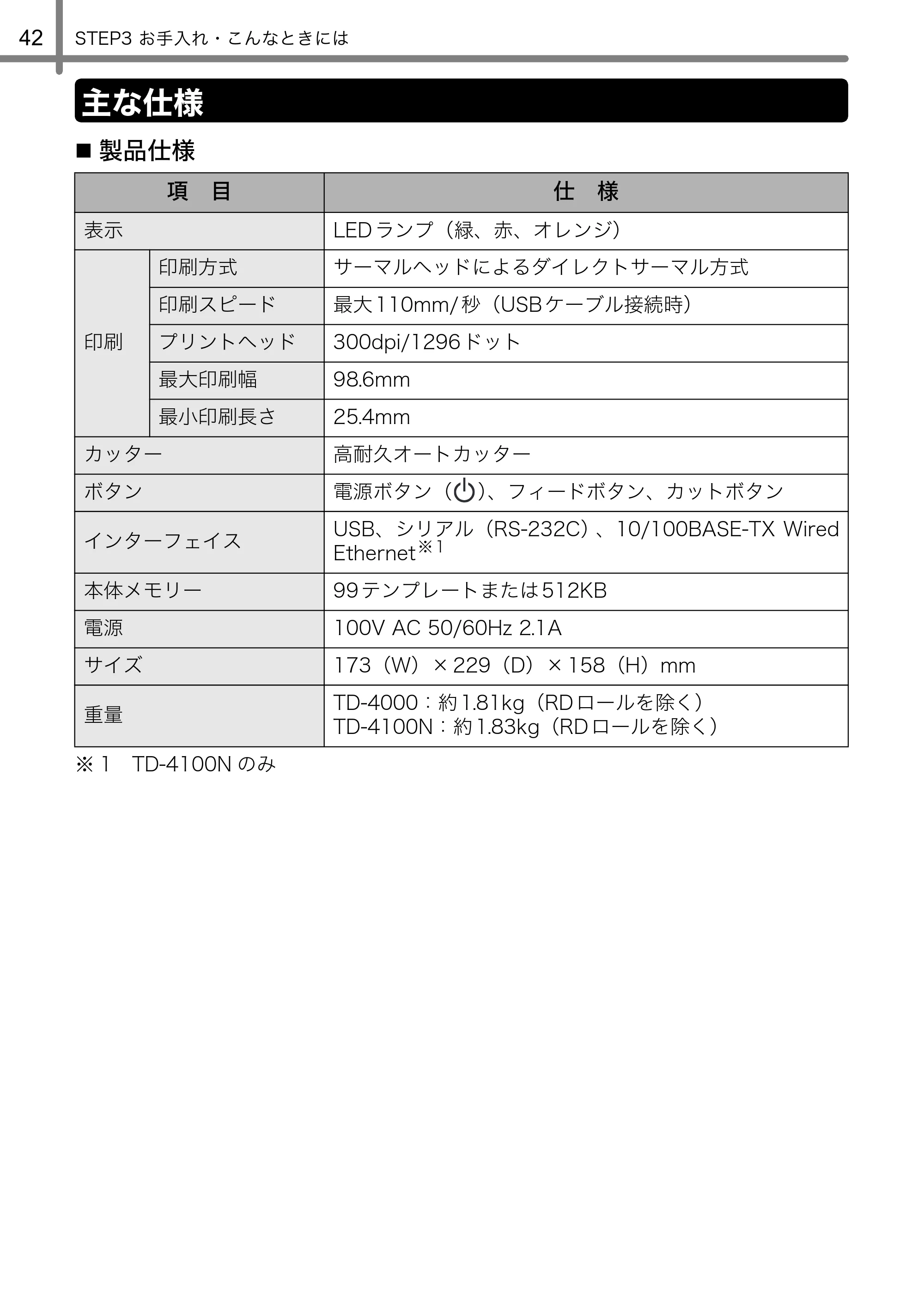 ブラザー TD-4000 / TD-4100N 取扱説明書 — 主な仕様 — 原本ページ — 43ページ