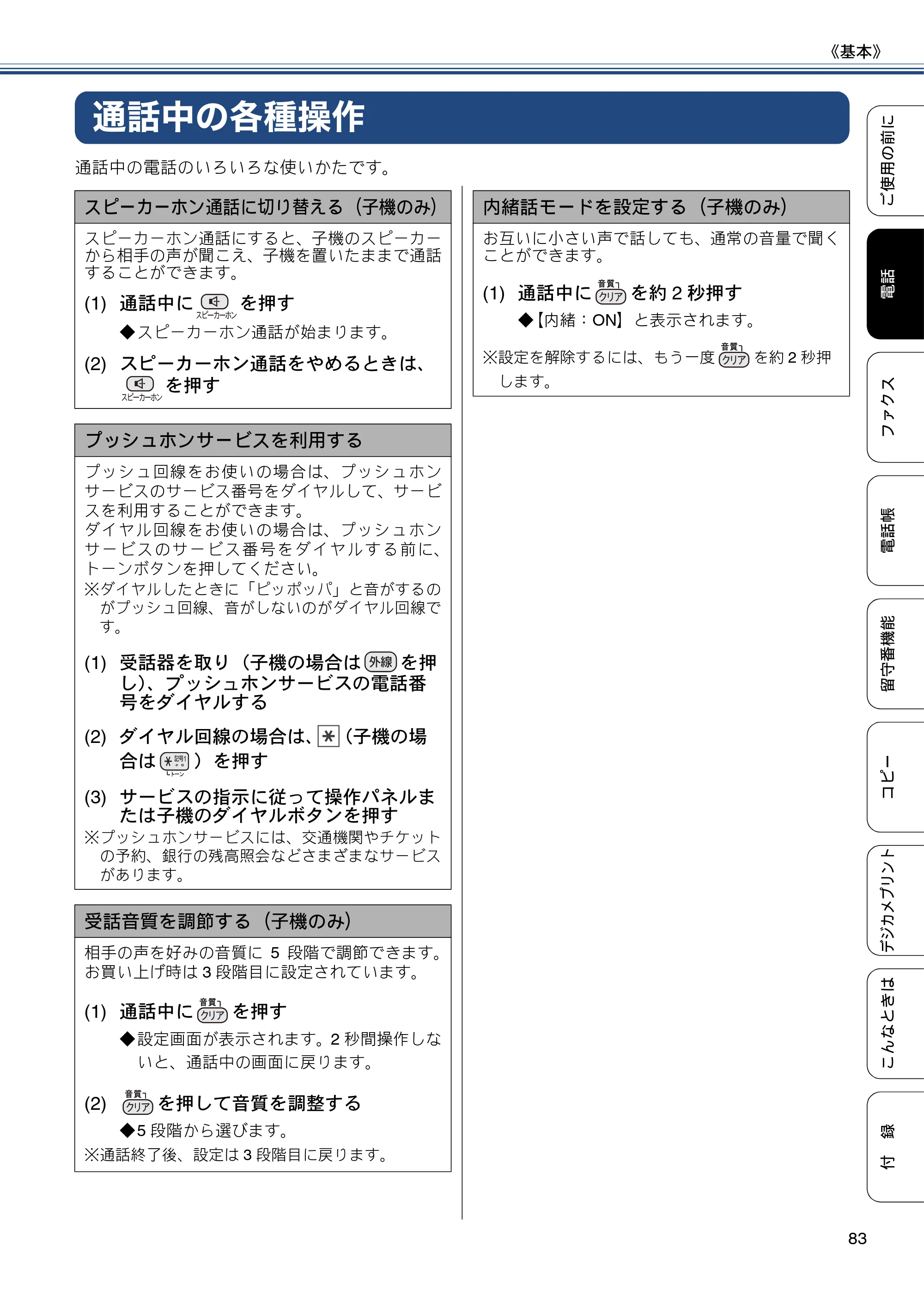 ブラザー MFC-J987DN / MFC-J987DWN ユーザーズガイド ～基本編～ — 通話中の各種操作 — 原本ページ — 83ページ