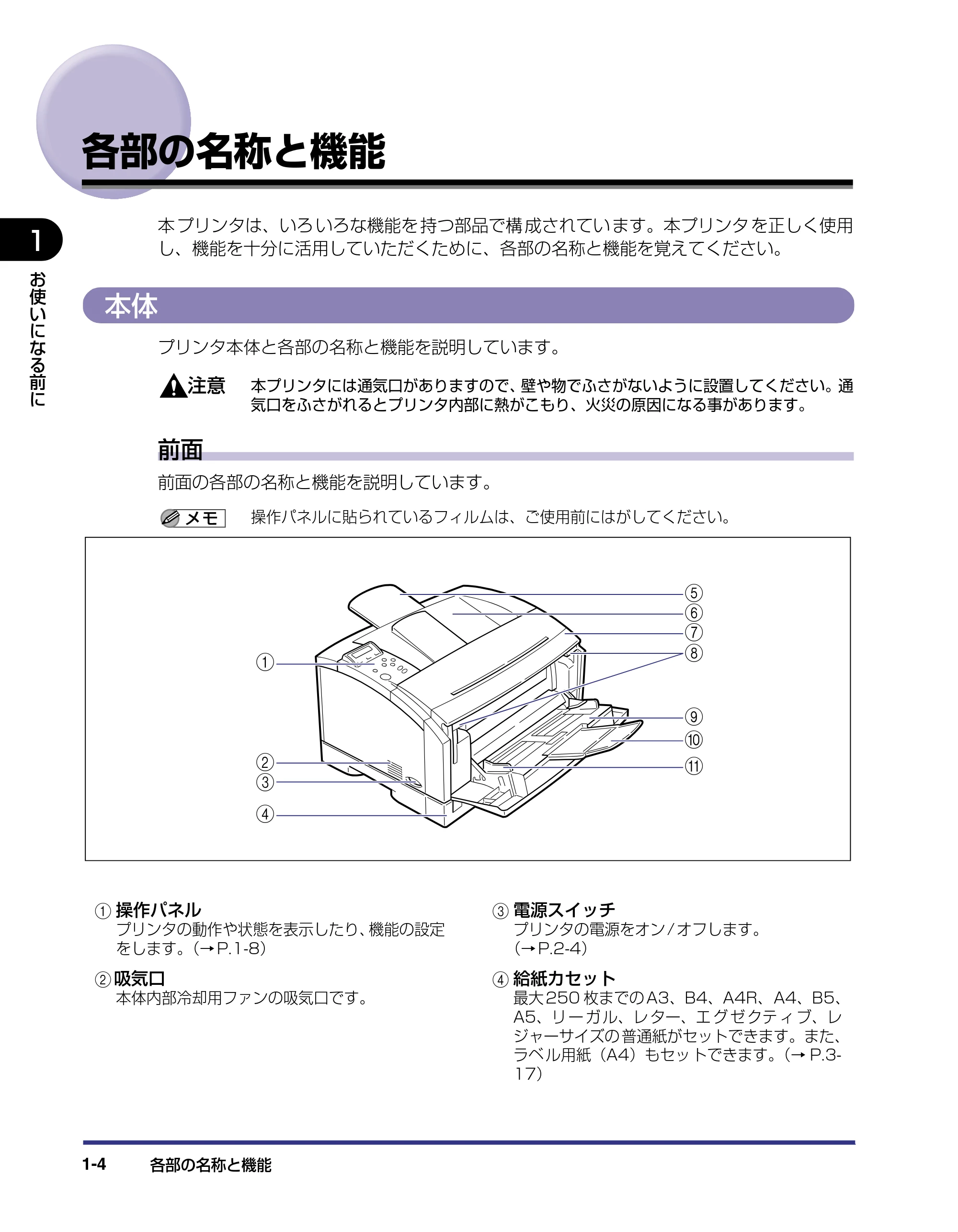 キヤノン LBP-1420 ユーザーズガイド 2006年5月25日更新 （PDF形式／4.03Mバイト） — 各部の名称と機能 — 原本ページ — 20ページ