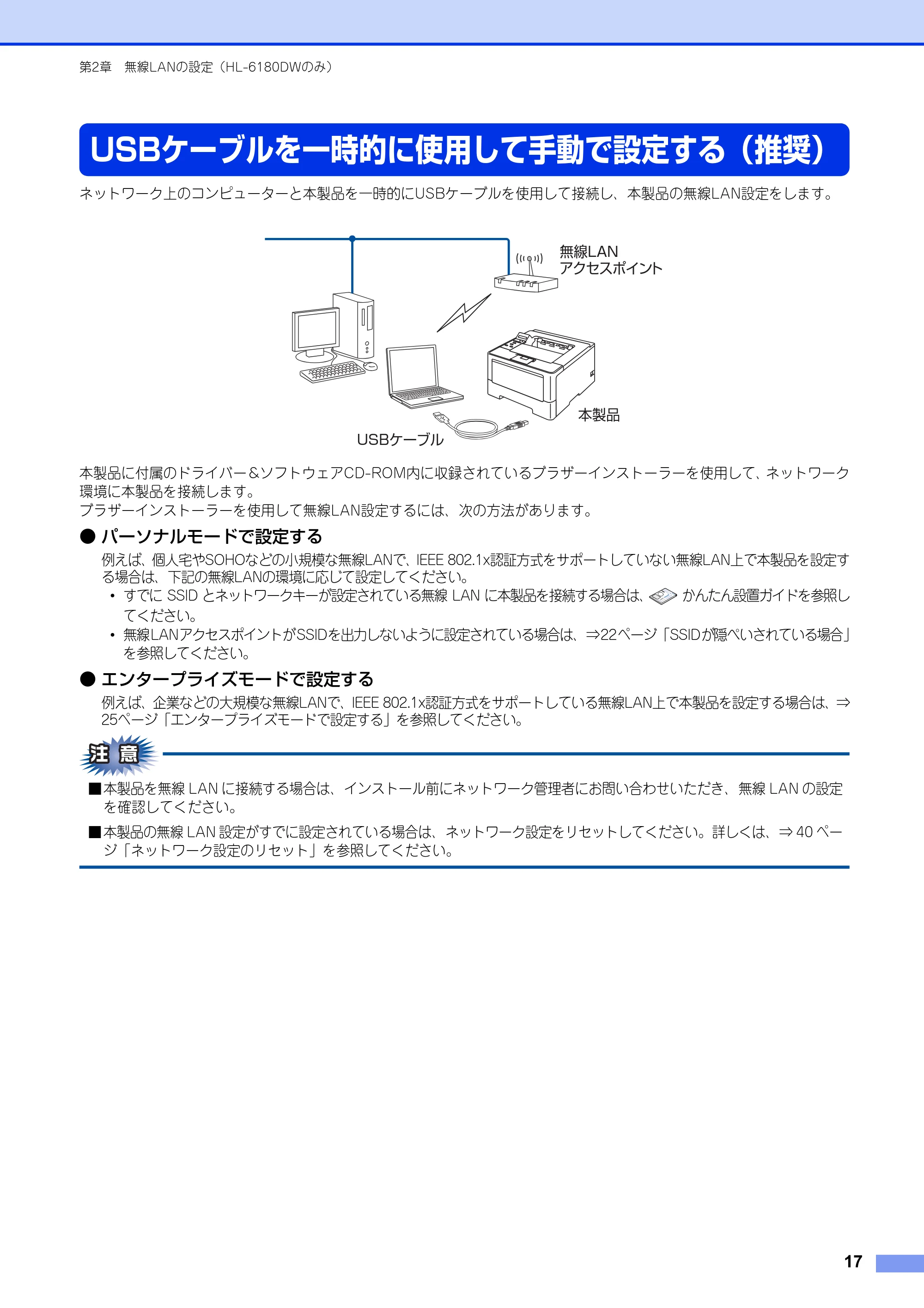 ブラザー HL-6180DW / HL-5450DN ユーザーズガイド ~ネットワーク編~ — USBケーブルを一時的に使用して手動で設定する(推奨) — 原本ページ — 18ページ