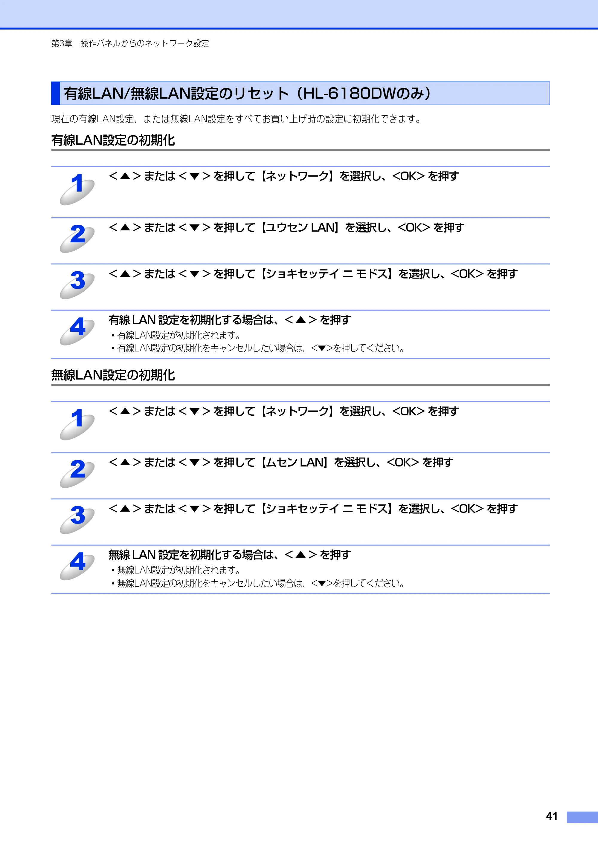 ブラザー HL-6180DW / HL-5450DN ユーザーズガイド ～ネットワーク編～ — 有線LAN/無線LAN設定のリセット（HL-6180DWのみ） — 原本ページ — 42ページ