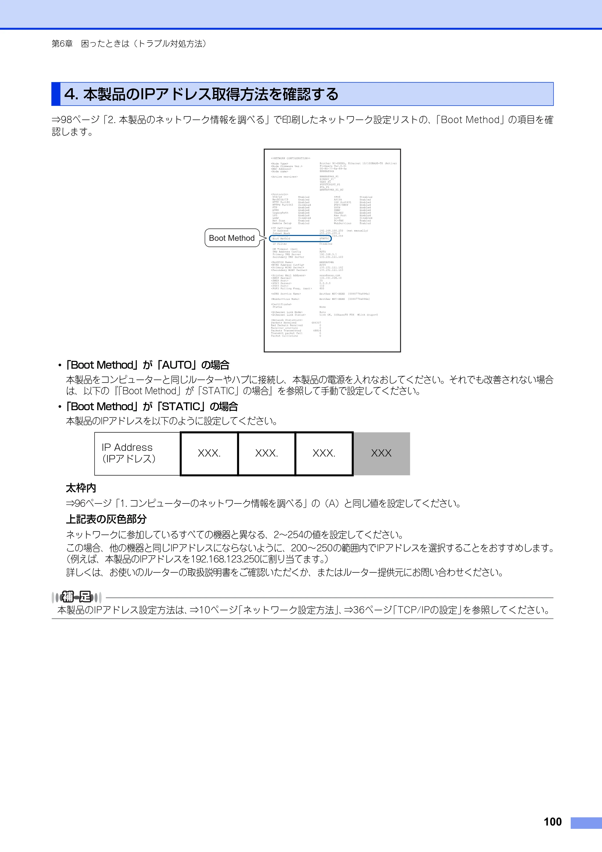 ブラザー HL-6180DW / HL-5450DN ユーザーズガイド ～ネットワーク編～ — 4. 本製品のIPアドレス取得方法を確認する — 原本ページ — 101ページ