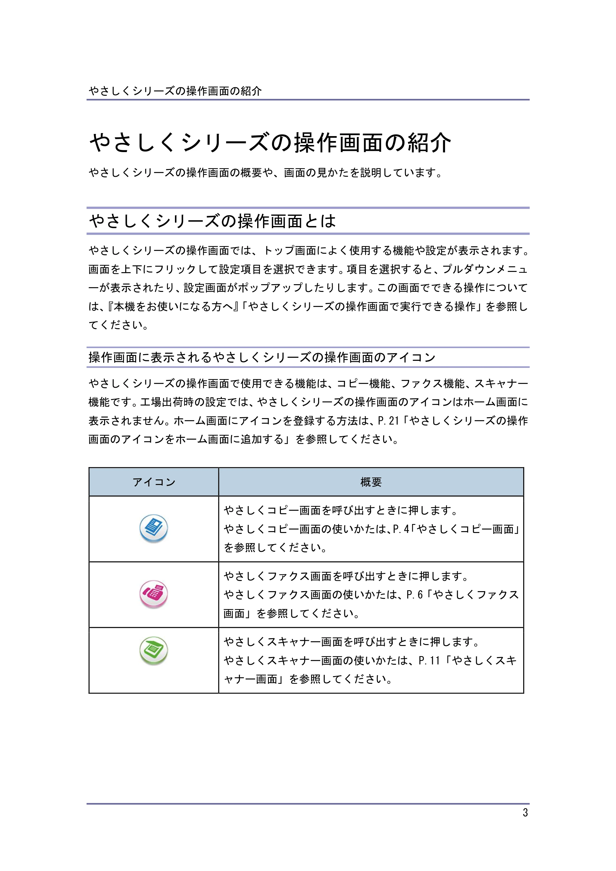キヤノン PostScript3 やさしくコピー／やさしくファクス／やさしくスキャナー （PDF形式／1.11Mバイト） — やさしくシリーズの操作画面の使いかた — 原本ページ — 4ページ