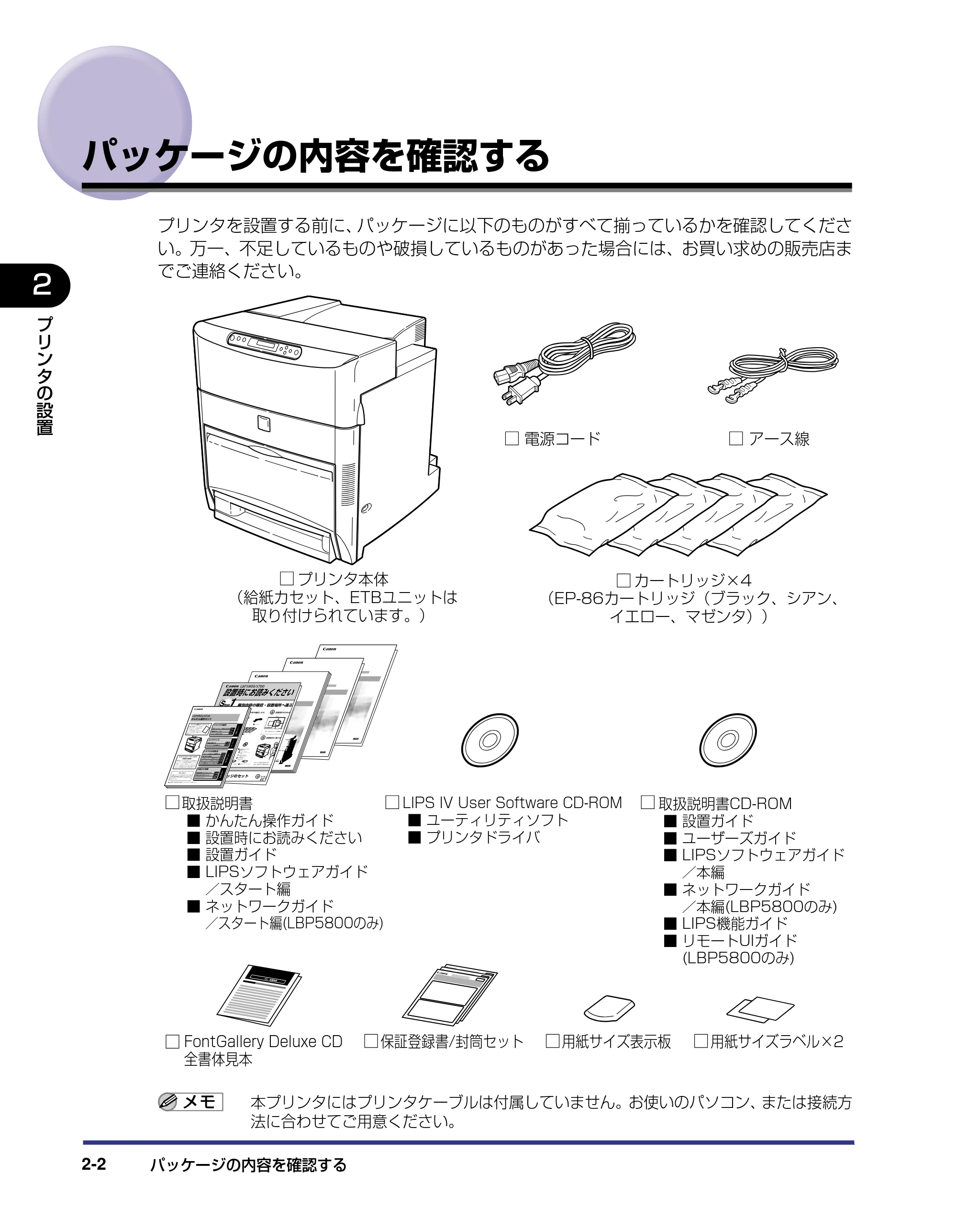 キヤノン LBP5800/5700 設置ガイド 2006年5月25日更新 （PDF形式／4.68Mバイト） — パッケージの内容を確認する — 原本ページ — 34ページ