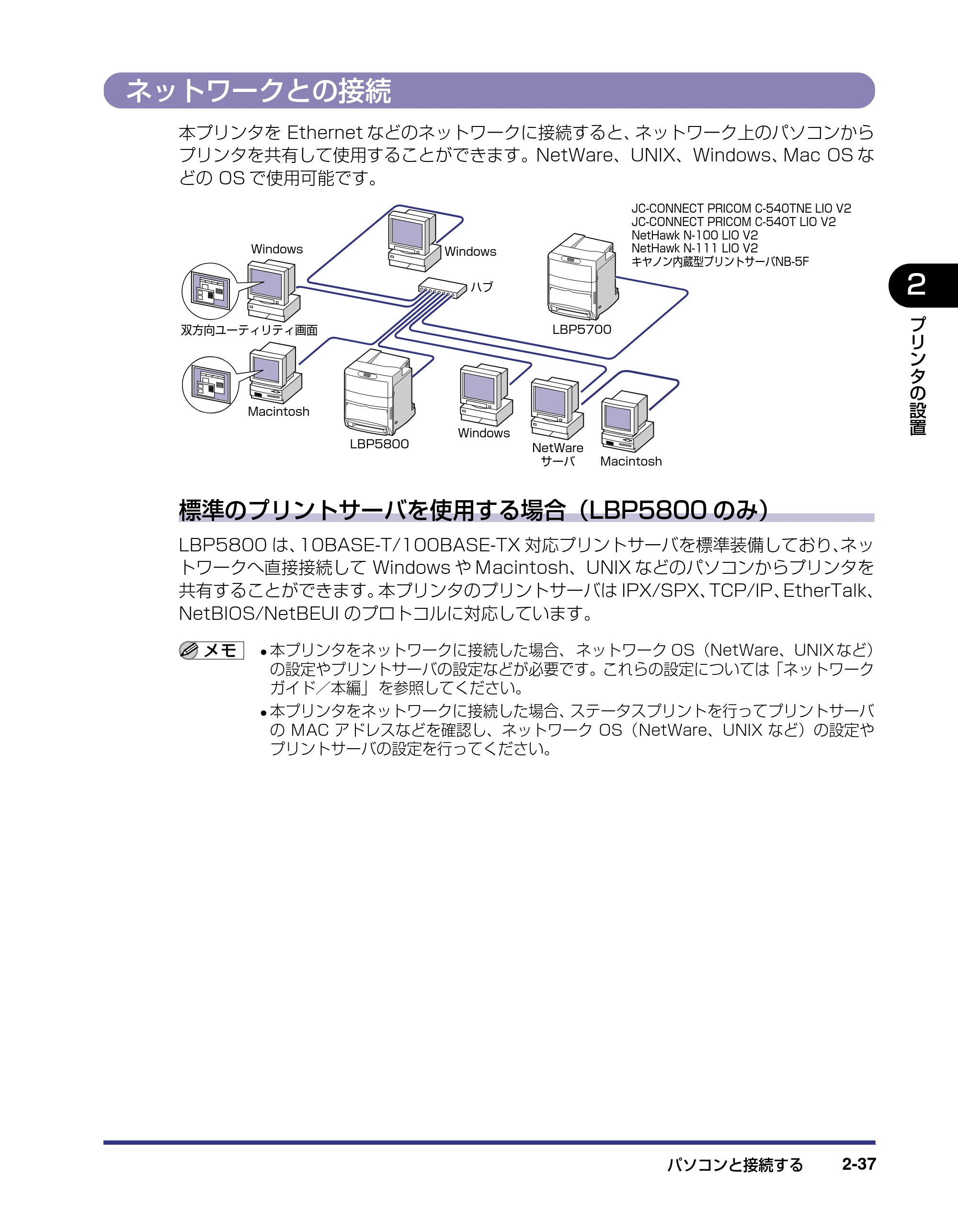 キヤノン LBP5800/5700 設置ガイド 2006年5月25日更新 （PDF形式／4.68Mバイト） — ネットワークとの接続 — 原本ページ — 69ページ