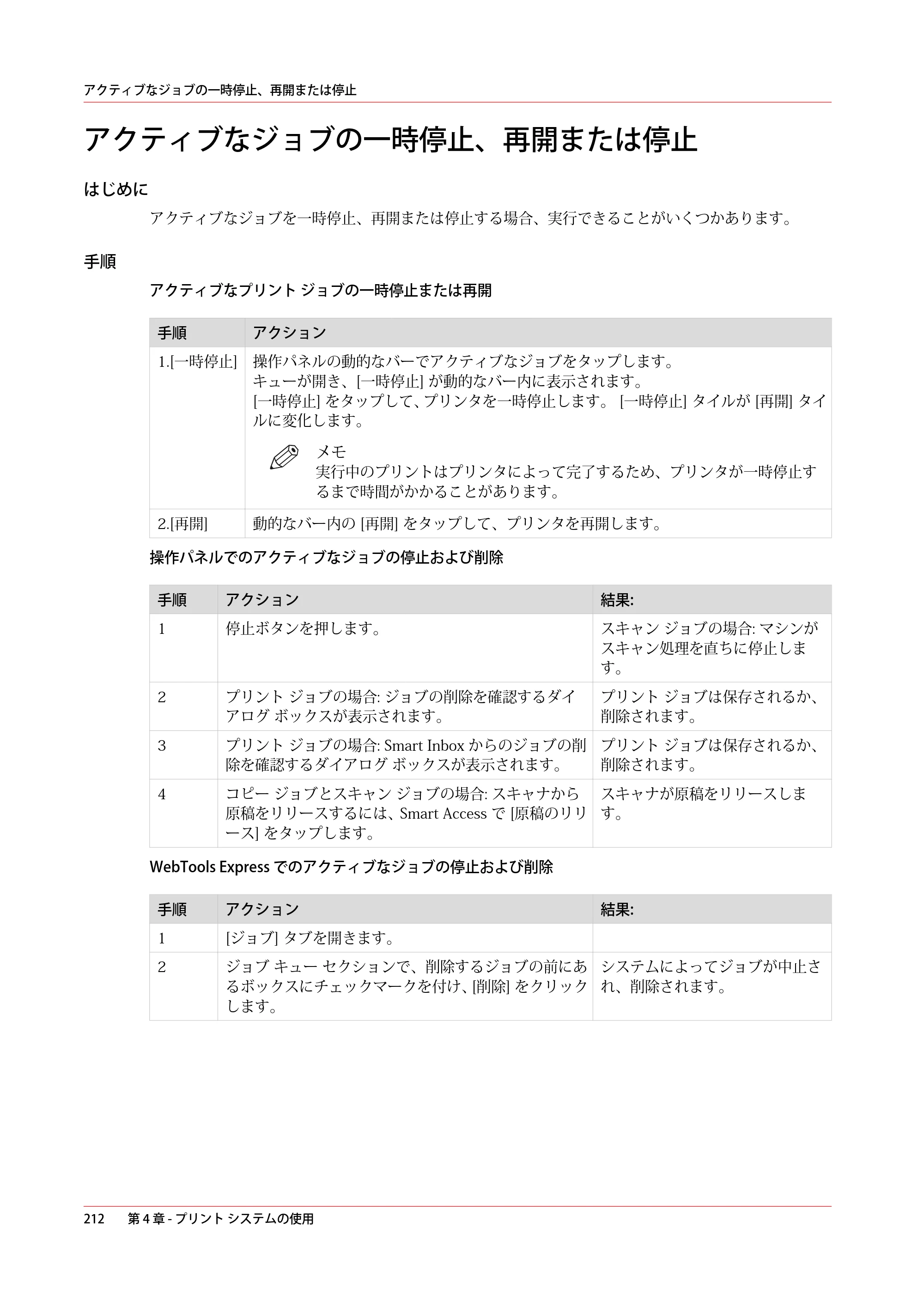 キヤノン PlotWave 3000 操作ガイド 2021年10月2日掲載 （PDF形式／11.7Mバイト） — アクティブなジョブの一時停止、再開または停止 — 原本ページ — 212ページ