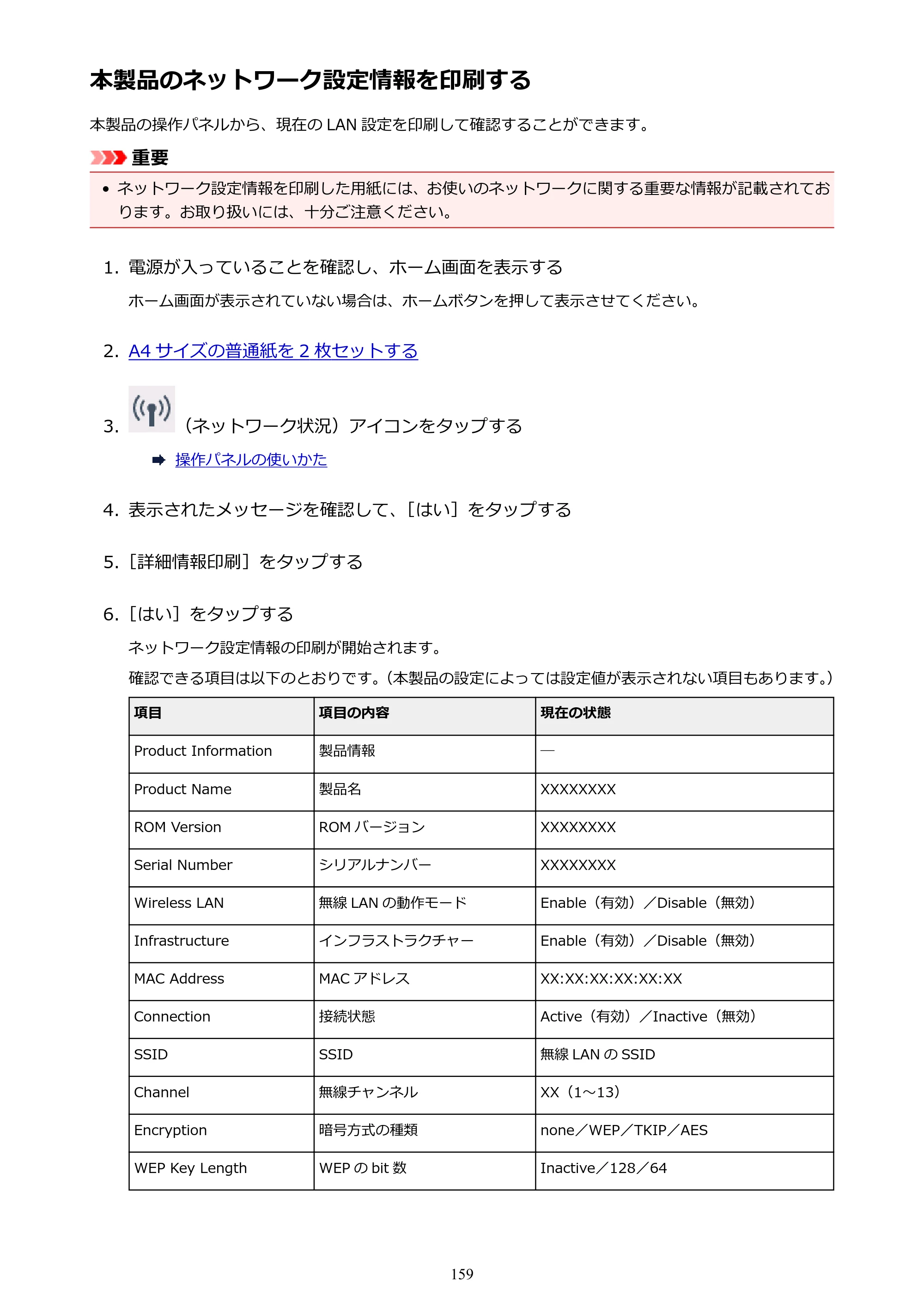 キヤノン PIXUS TS8030 電子マニュアル PDF版（Mac版）（PDF：15.5MB） — 本製品のネットワーク設定情報を印刷する — 原本ページ — 159ページ
