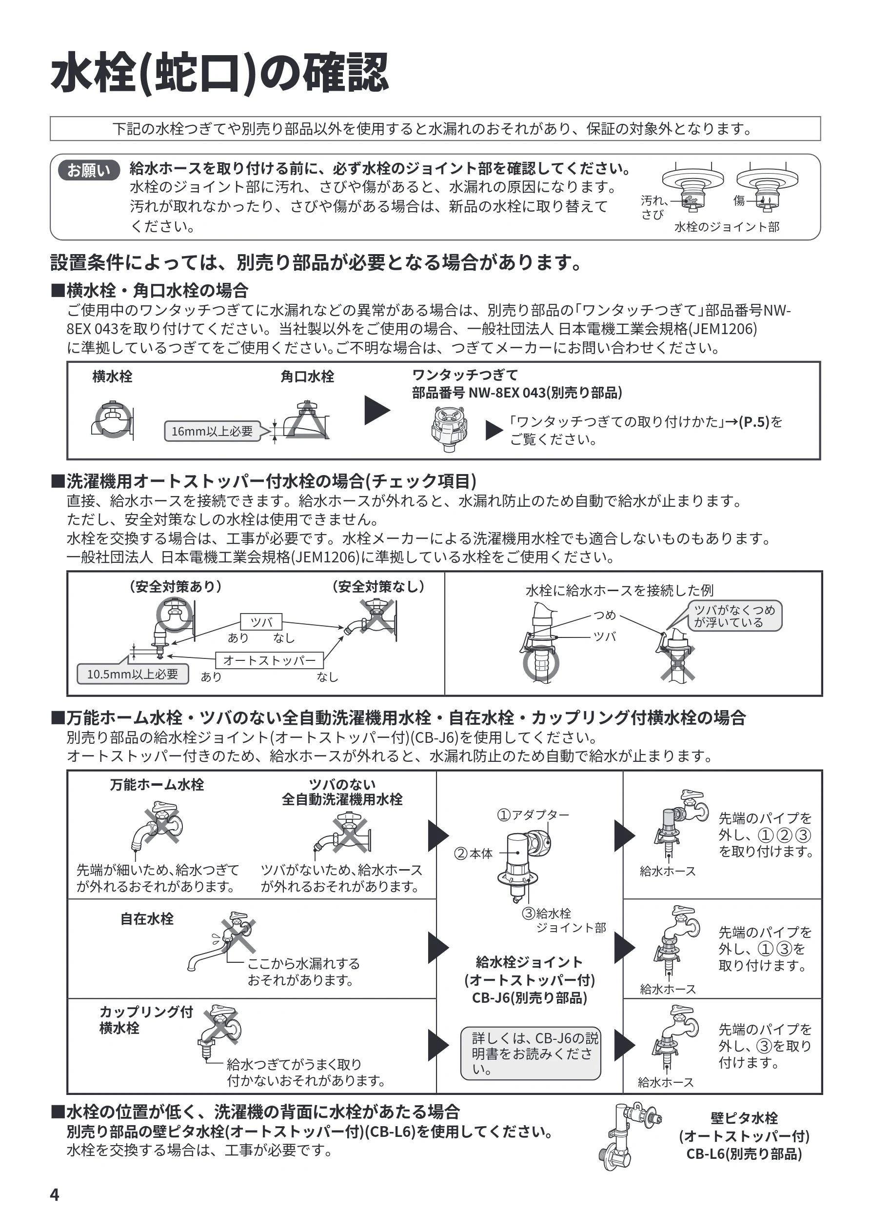 日立 NW-R706 据付説明書 — 水栓(蛇口)の確認 — 図版 4-1 — 4ページ