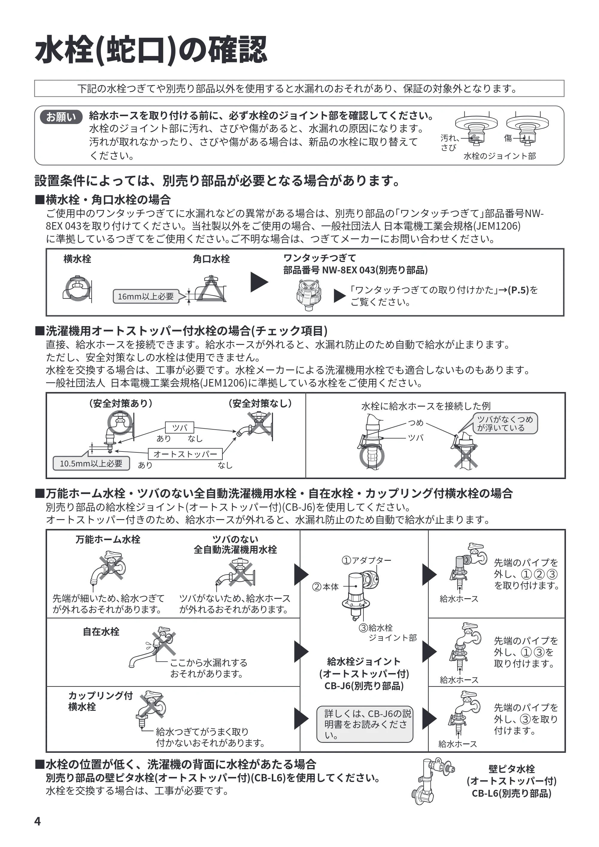 日立 NW-R706 据付説明書 — 水栓(蛇口)の確認 — 原本ページ — 4ページ