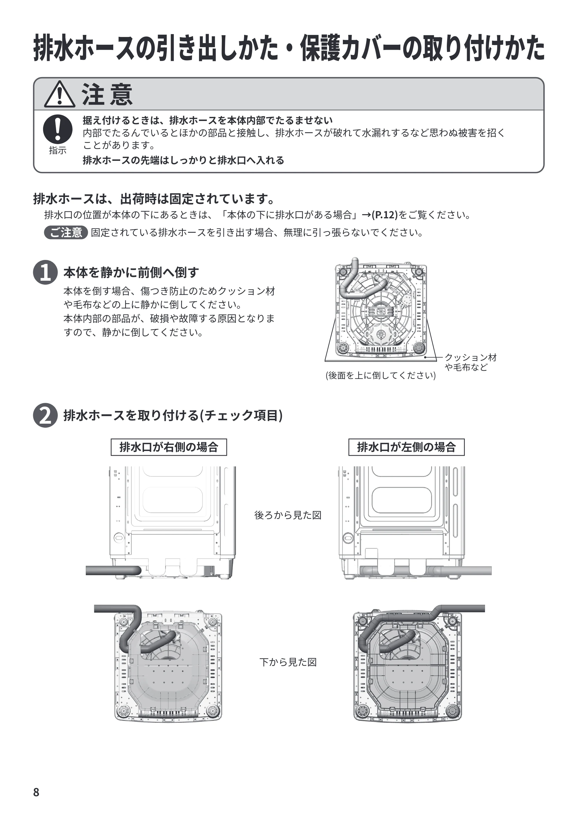 日立 NW-R706 据付説明書 — 排水ホースの引き出しかた・保護カバーの取り付けかた — 原本ページ — 8ページ