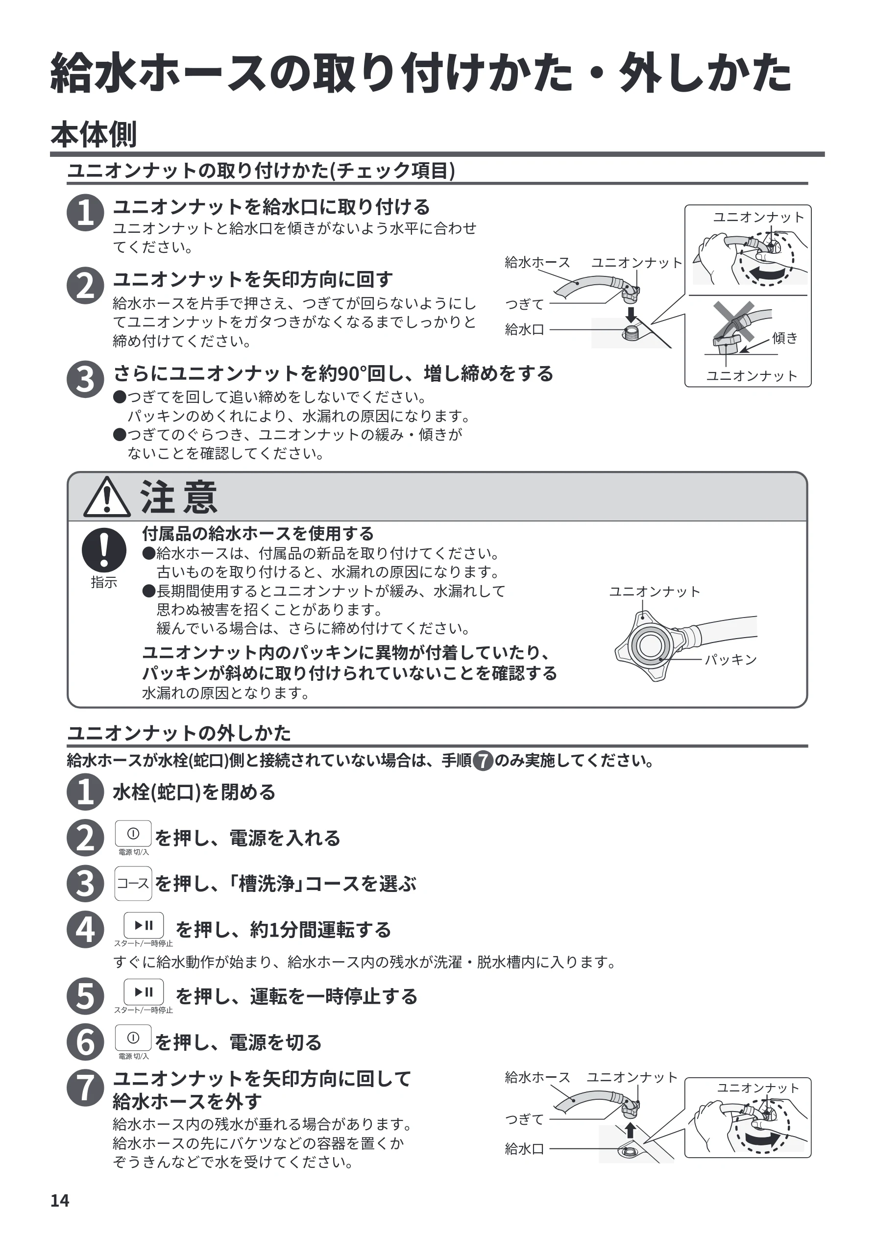 日立 NW-R706 据付説明書 — 給水ホースの取り付けかた・外しかた — 図版 14-1 — 14ページ