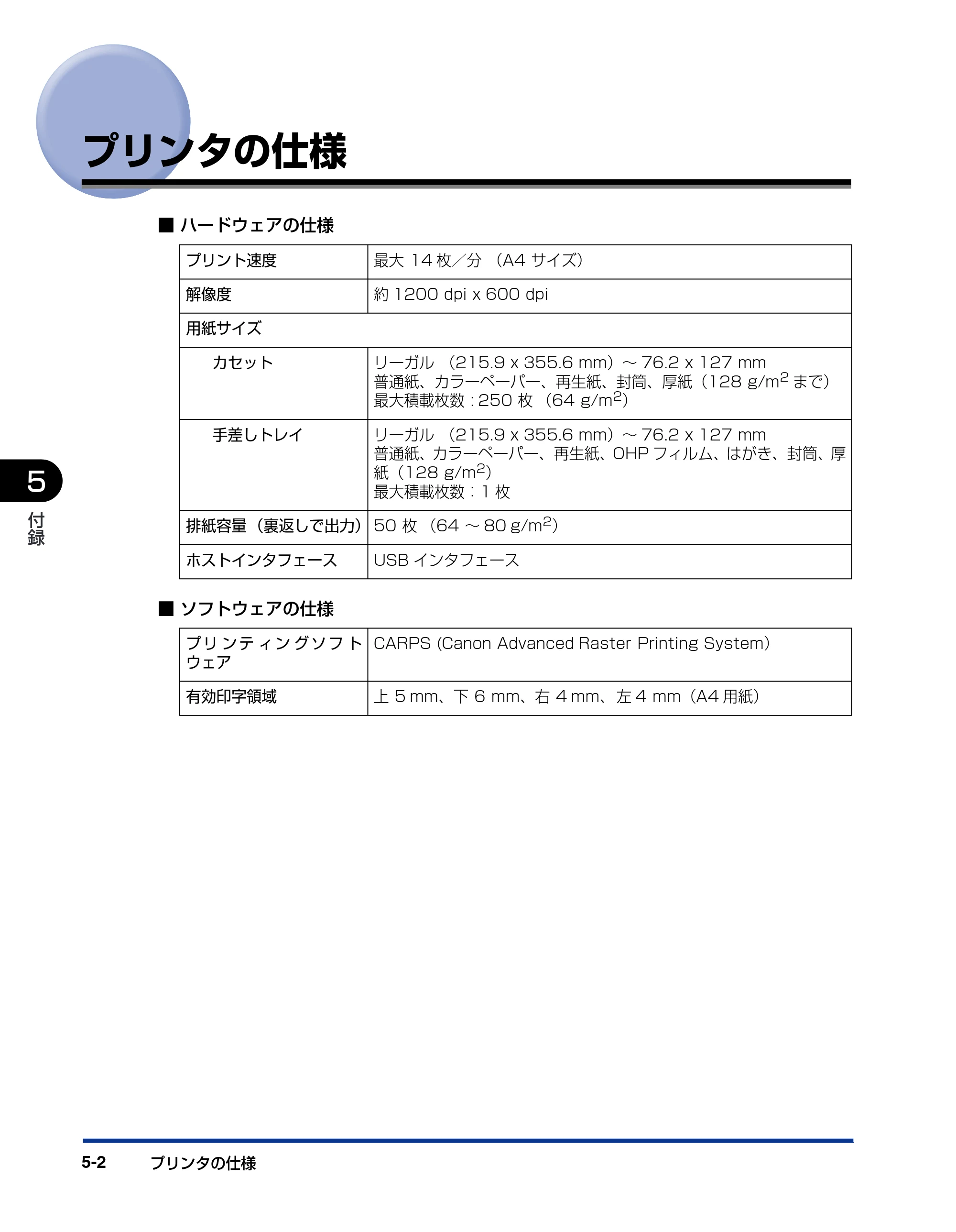 キヤノン D300 プリンタードライバーガイド （PDF形式／19.02Mバイト） — プリンタの仕様 — 原本ページ — 116ページ