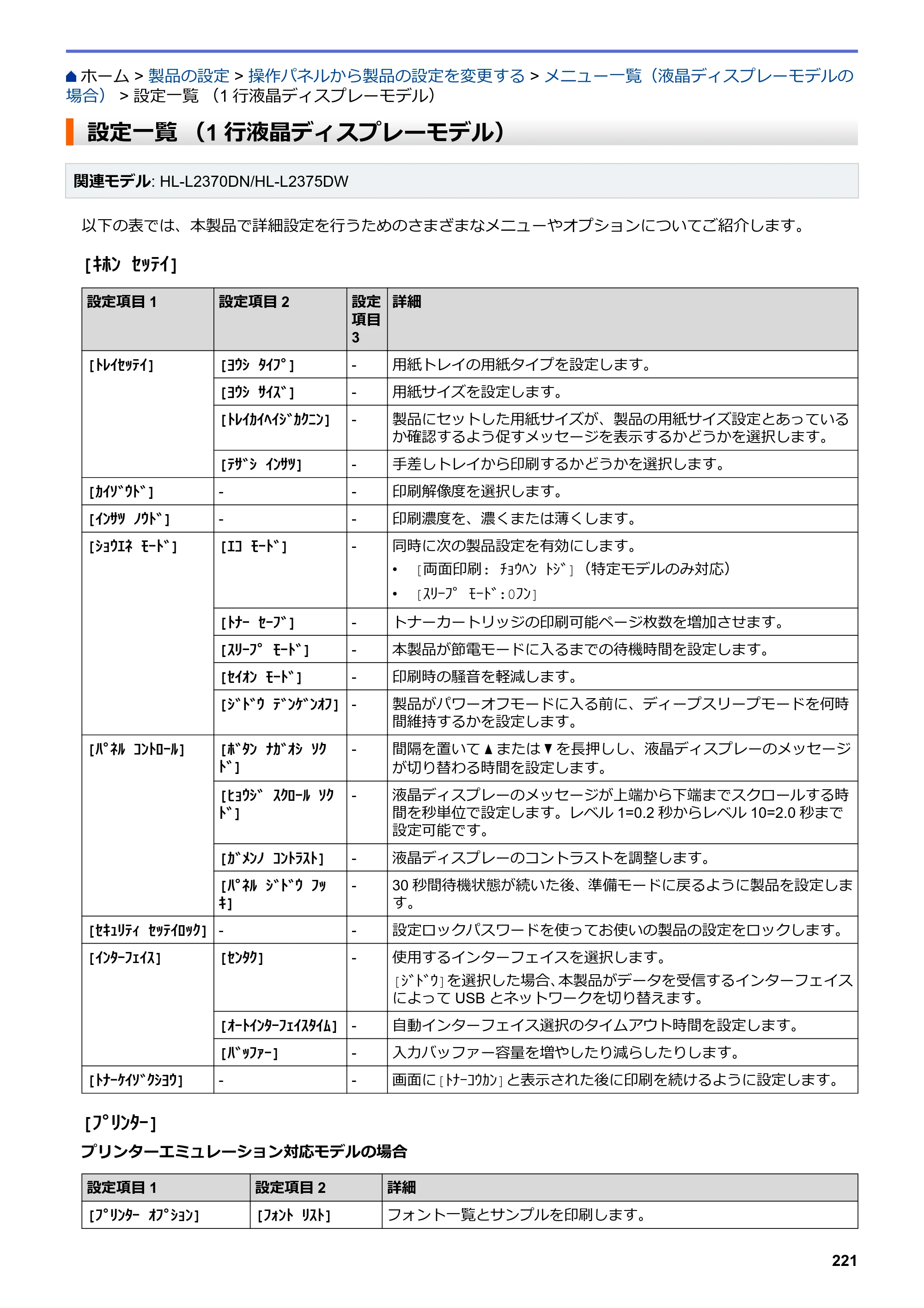 ブラザー HL-L2330D / HL-L2370DN / HL-L2375DW オンラインユーザーズガイド — 設定一覧 （1行液晶ディスプレーモデル） — 原本ページ — 225ページ
