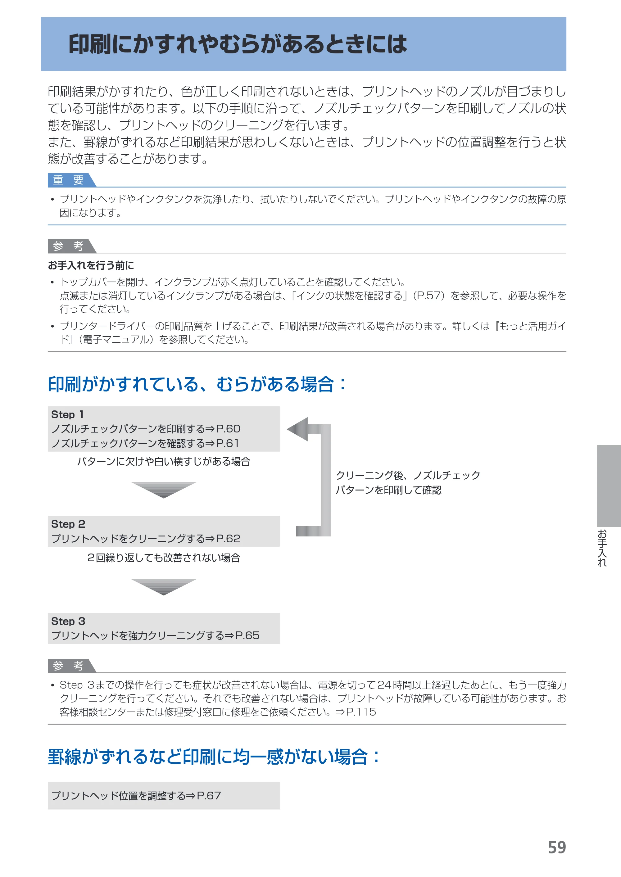 キヤノン PIXUS iP4700 らくらく操作ガイド （PDF形式／17.68Mバイト） — 印刷にかすれやむらがあるときには — 原本ページ — 61ページ