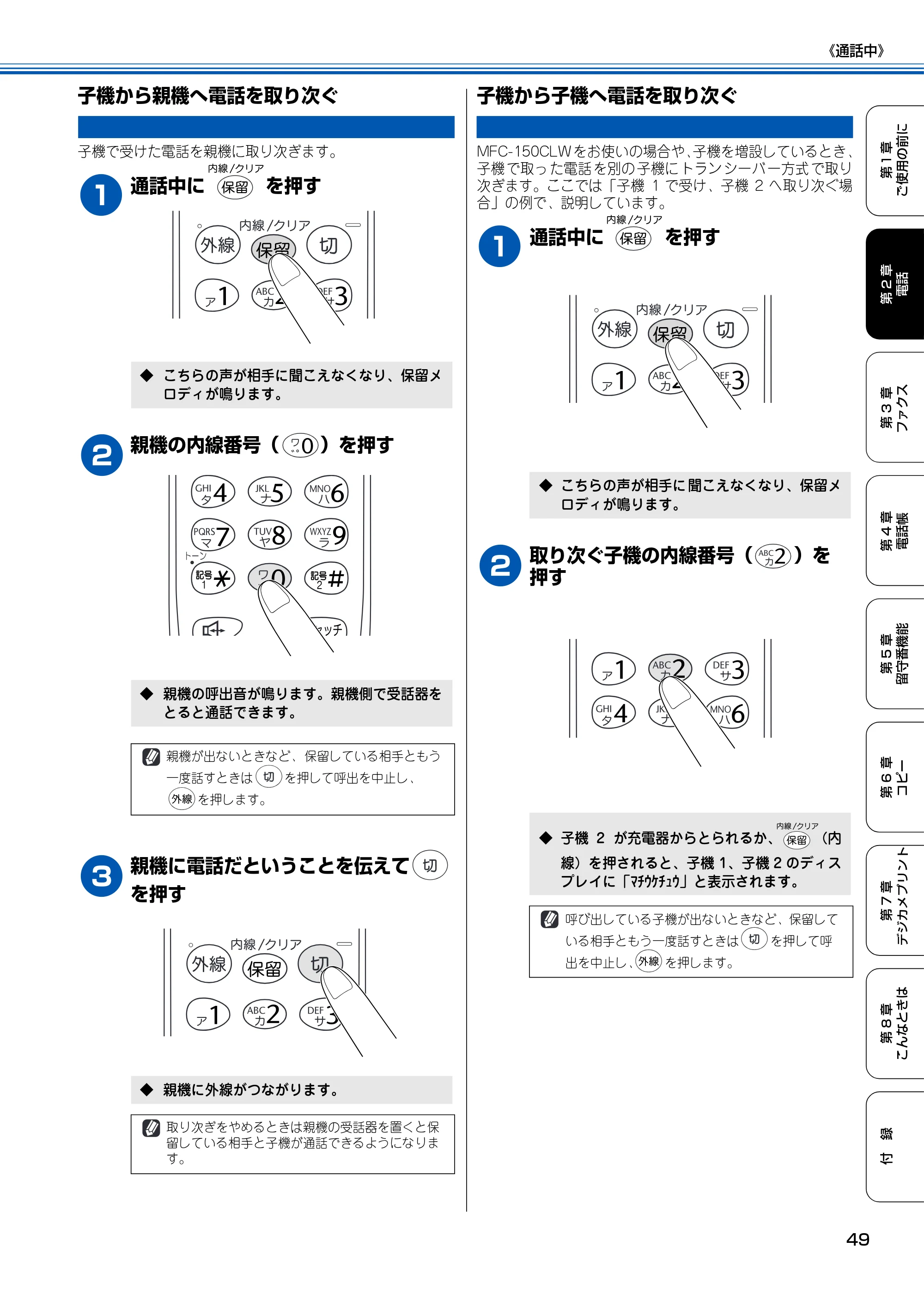 ブラザー MFC-150CL / MFC-150CLW 取扱説明書(本体) — 子機から親機へ電話を取り次ぐ — 原本ページ — 50ページ