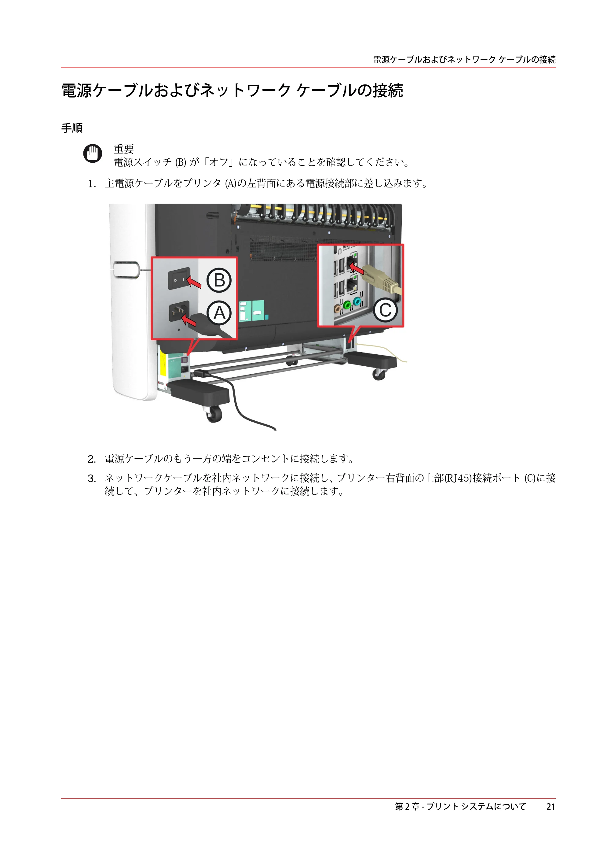 キヤノン plotWAVE T30/T35 操作ガイド 2024年9月6日掲載 （PDF形式／17.08Mバイト） — 電源ケーブルおよびネットワーク ケーブルの接続 — 原本ページ — 21ページ