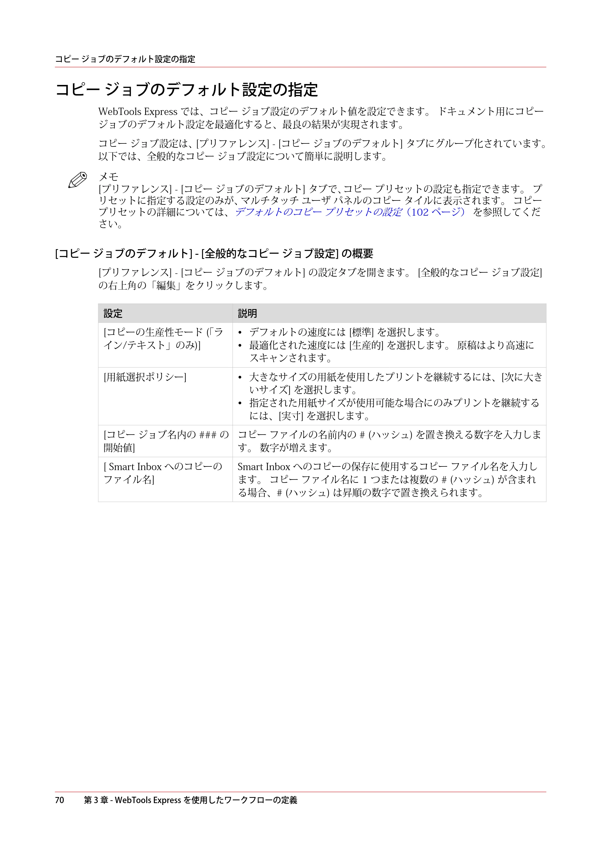 キヤノン plotWAVE T30/T35 操作ガイド 2024年9月6日掲載 （PDF形式／17.08Mバイト） — コピー ジョブのデフォルト設定の指定 — 原本ページ — 70ページ