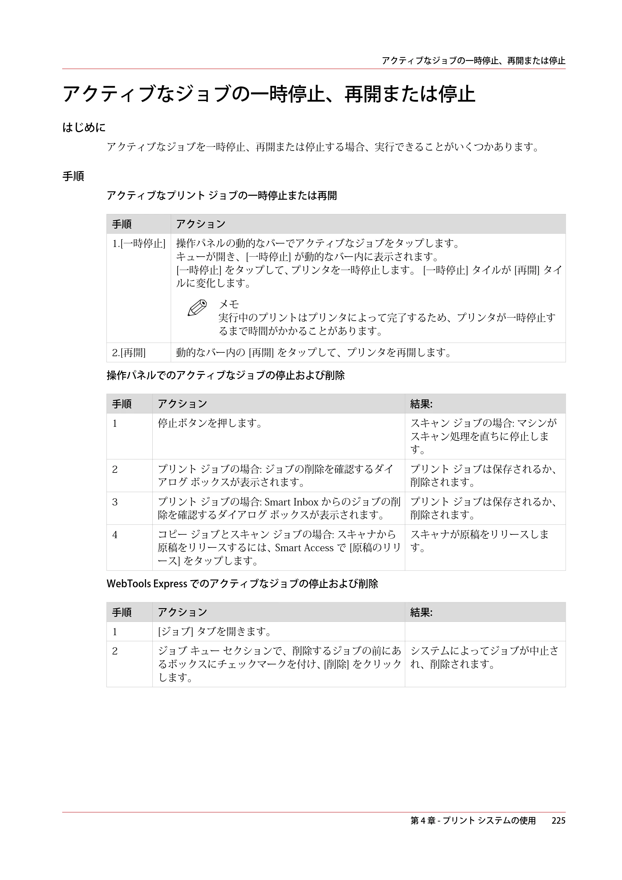 キヤノン plotWAVE T30/T35 操作ガイド 2024年9月6日掲載 （PDF形式／17.08Mバイト） — アクティブなジョブの一時停止、再開または停止 — 原本ページ — 225ページ