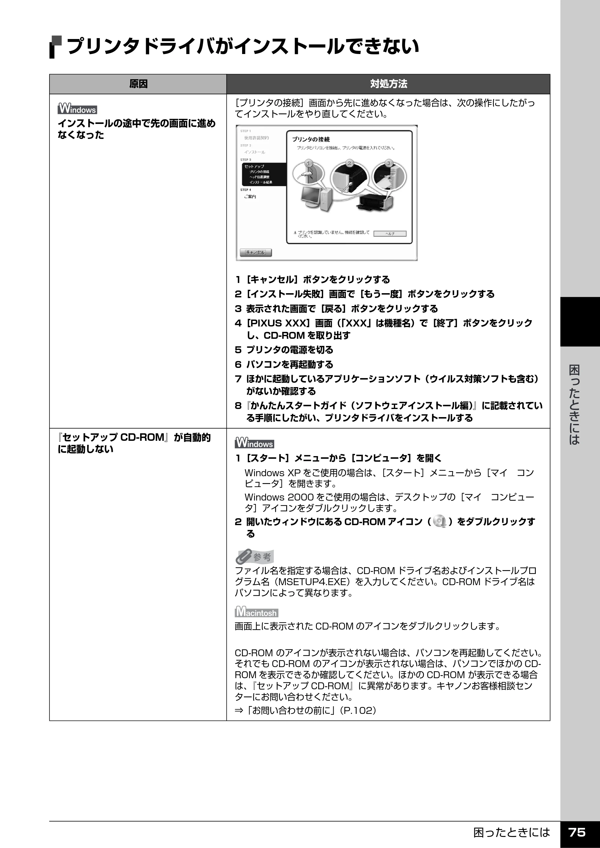キヤノン PIXUS iP4500 操作ガイド （PDF形式／10.1Mバイト） — プリンタドライバがインストールできない — 原本ページ — 76ページ
