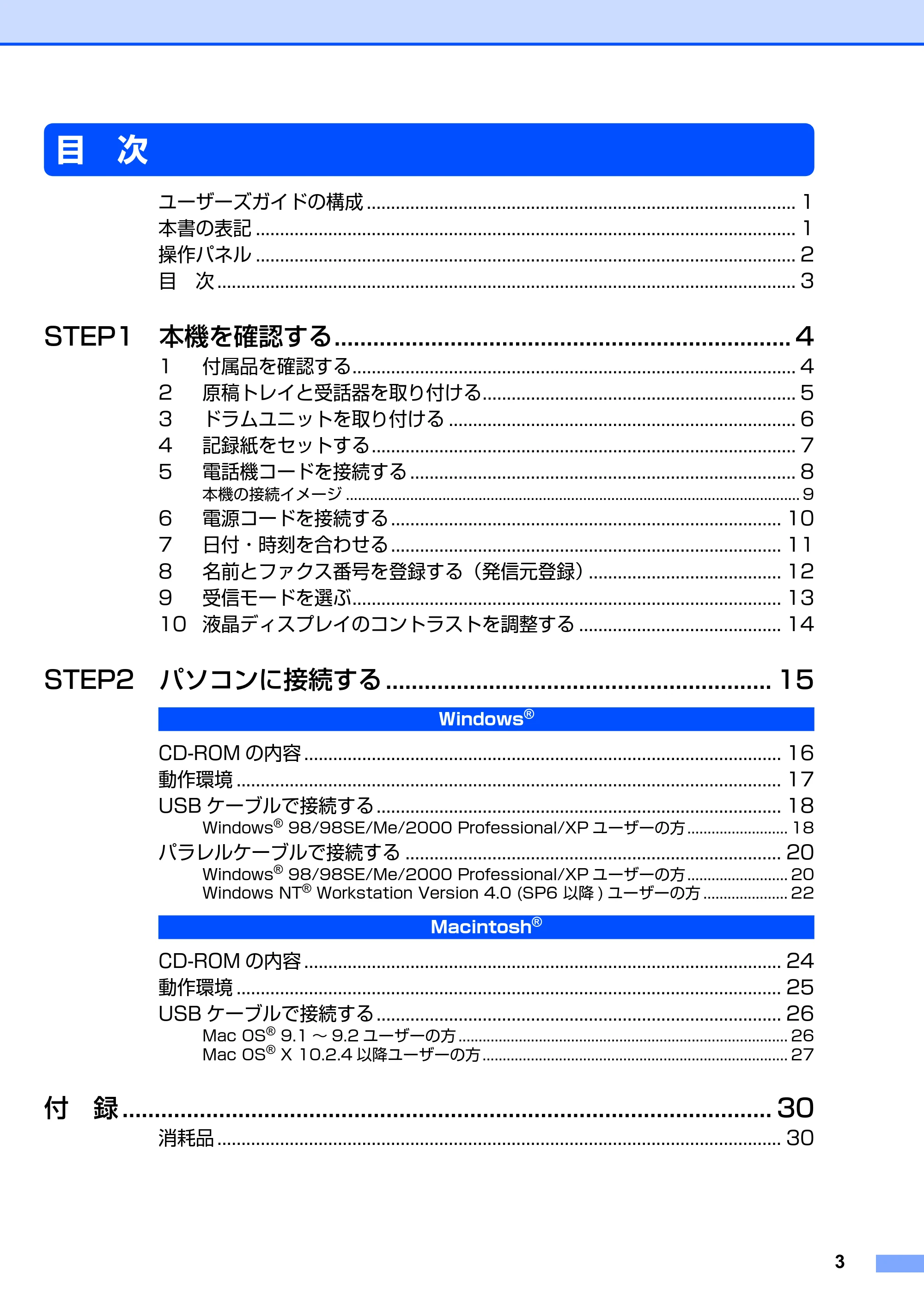 ブラザー FAX-2810 かんたん設置ガイド — 目 次 — 原本ページ — 4ページ