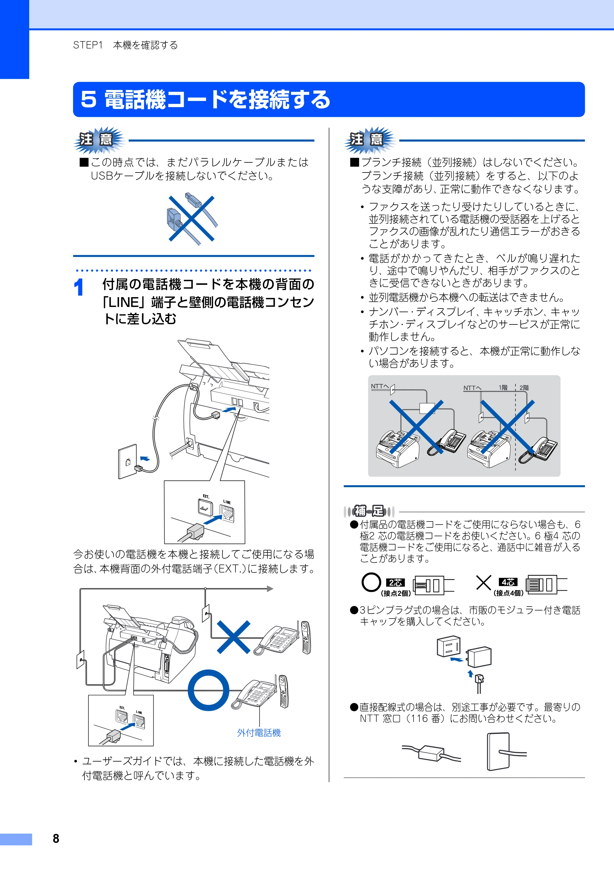 ブラザー FAX-2810 かんたん設置ガイド — 5 電話機コードを接続する — 原本ページ — 9ページ