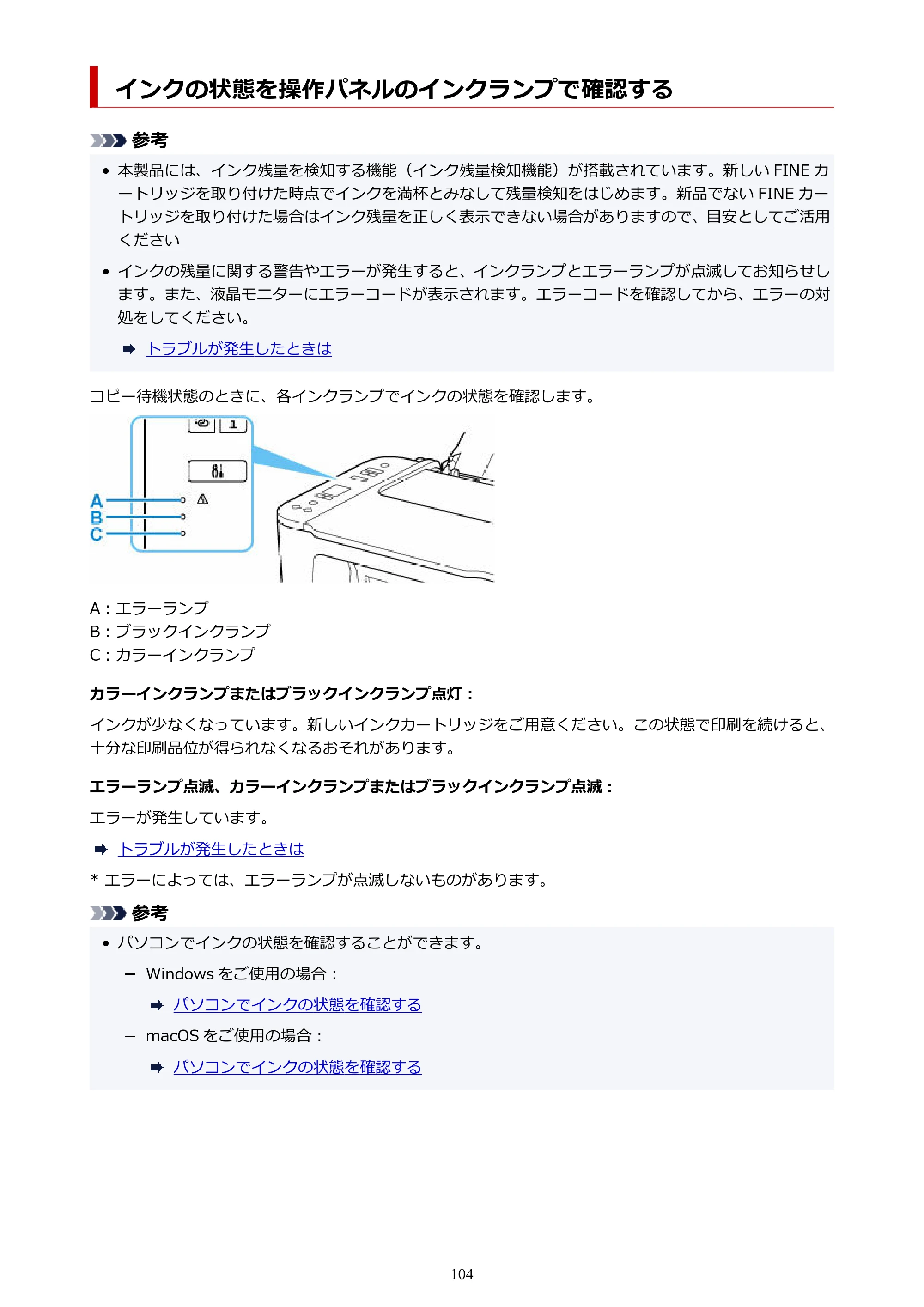 キヤノン PIXUS TS3730 PIXUS TS3700（PDF）電子マニュアル（Windows／Mac） 2026年1月27日掲載（PDF：4.9MB） — インクの状態を操作パネルのインクランプで確認する — 原本ページ — 104ページ