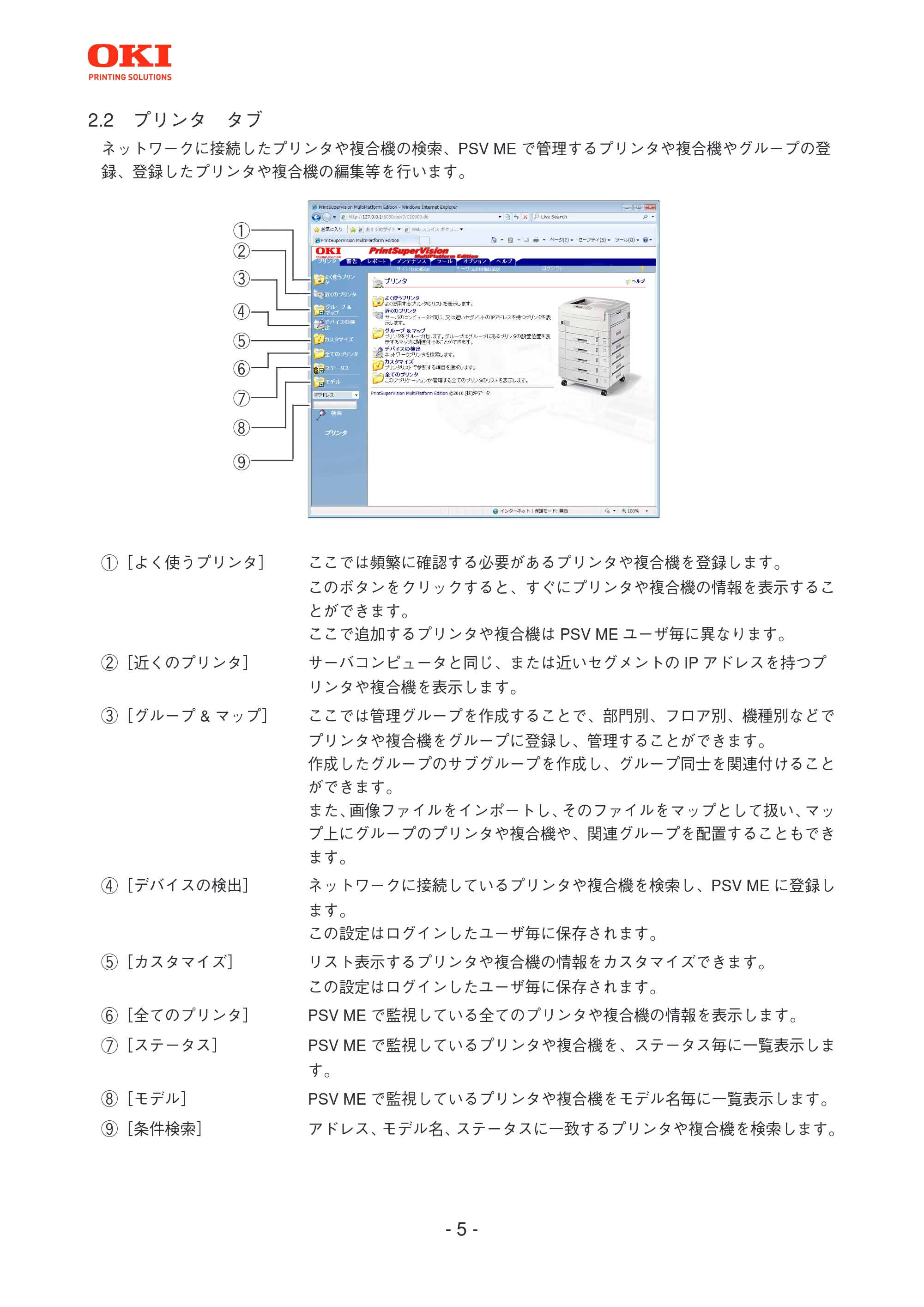 沖電気 C301dn / C312dn / C310dn PrintSuperVision MultiPlatform Edition 操作マニュアル 言語 : 日本語 ac1 (サイズ: 3.7 MB) — 2.2 プリンタ タブ — 原本ページ — 5ページ