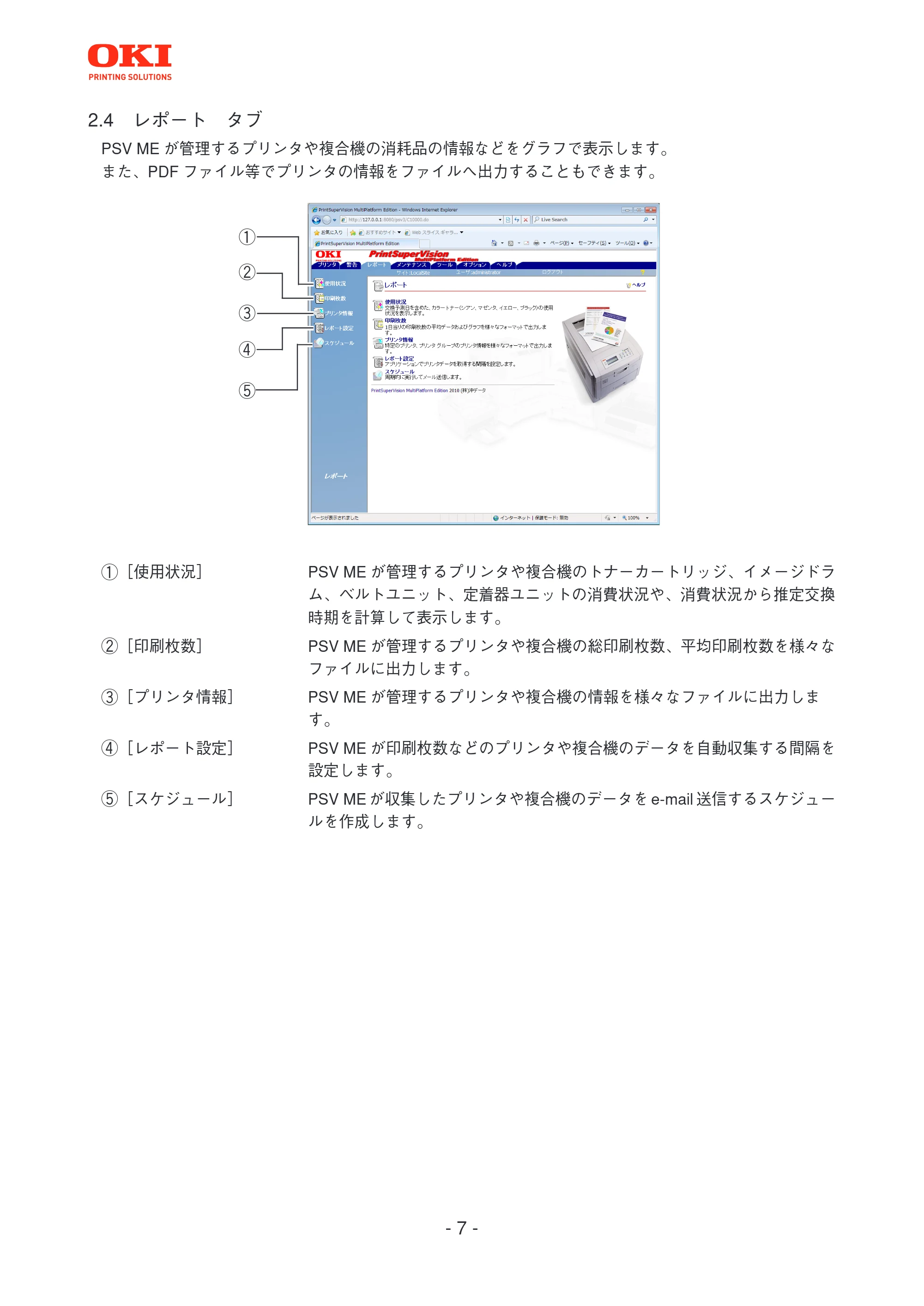 沖電気 C301dn / C312dn / C310dn PrintSuperVision MultiPlatform Edition 操作マニュアル 言語 : 日本語 ac1 (サイズ: 3.7 MB) — 2.4 レポート タブ — 原本ページ — 7ページ