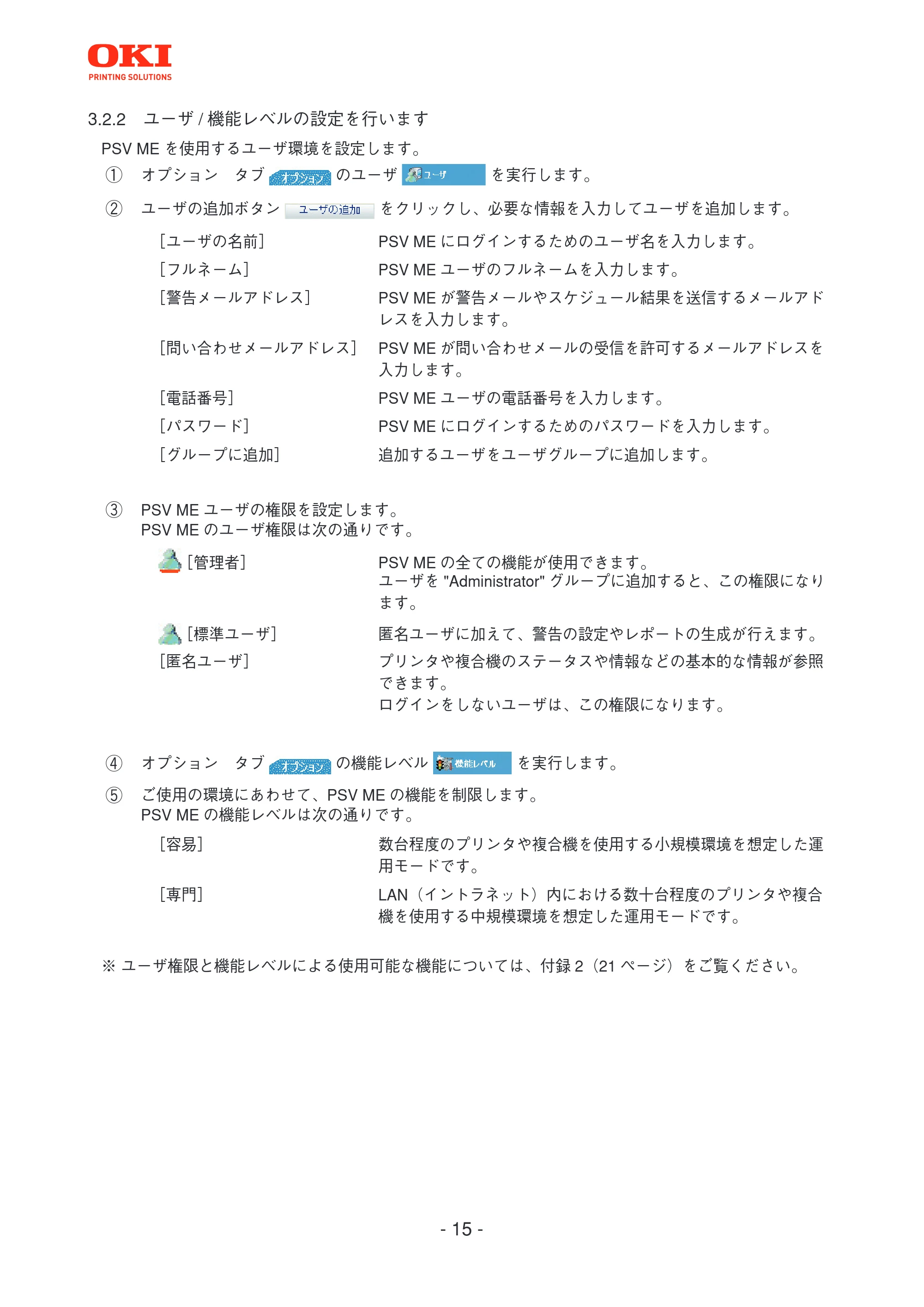 沖電気 C301dn / C312dn / C310dn PrintSuperVision MultiPlatform Edition 操作マニュアル 言語 : 日本語 ac1 (サイズ: 3.7 MB) — 3.2.2 ユーザ/ 機能レベルの設定を行います — 原本ページ — 15ページ