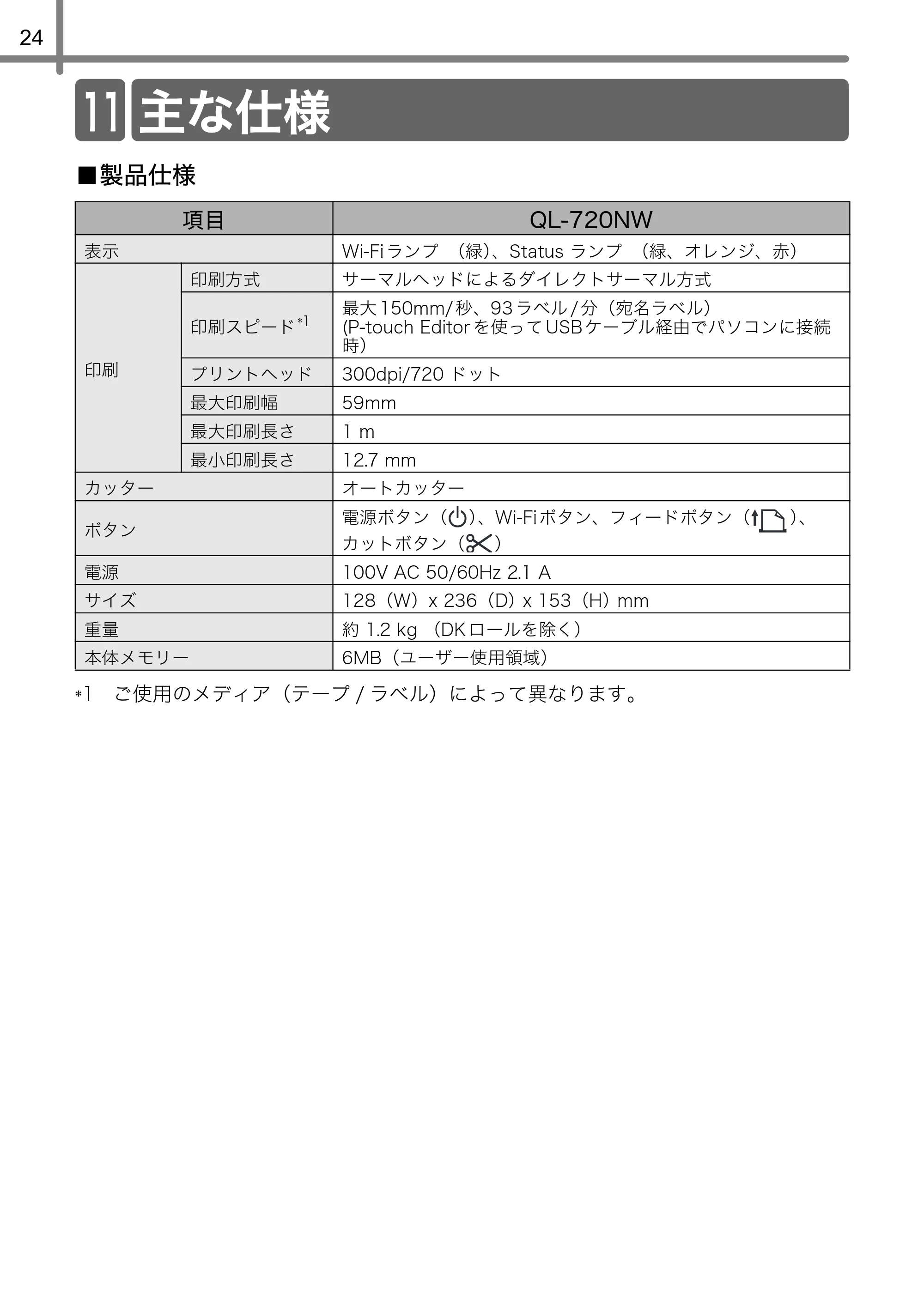 ブラザー QL-720NW ユーザーズガイド — 主な仕様 — 原本ページ — 26ページ