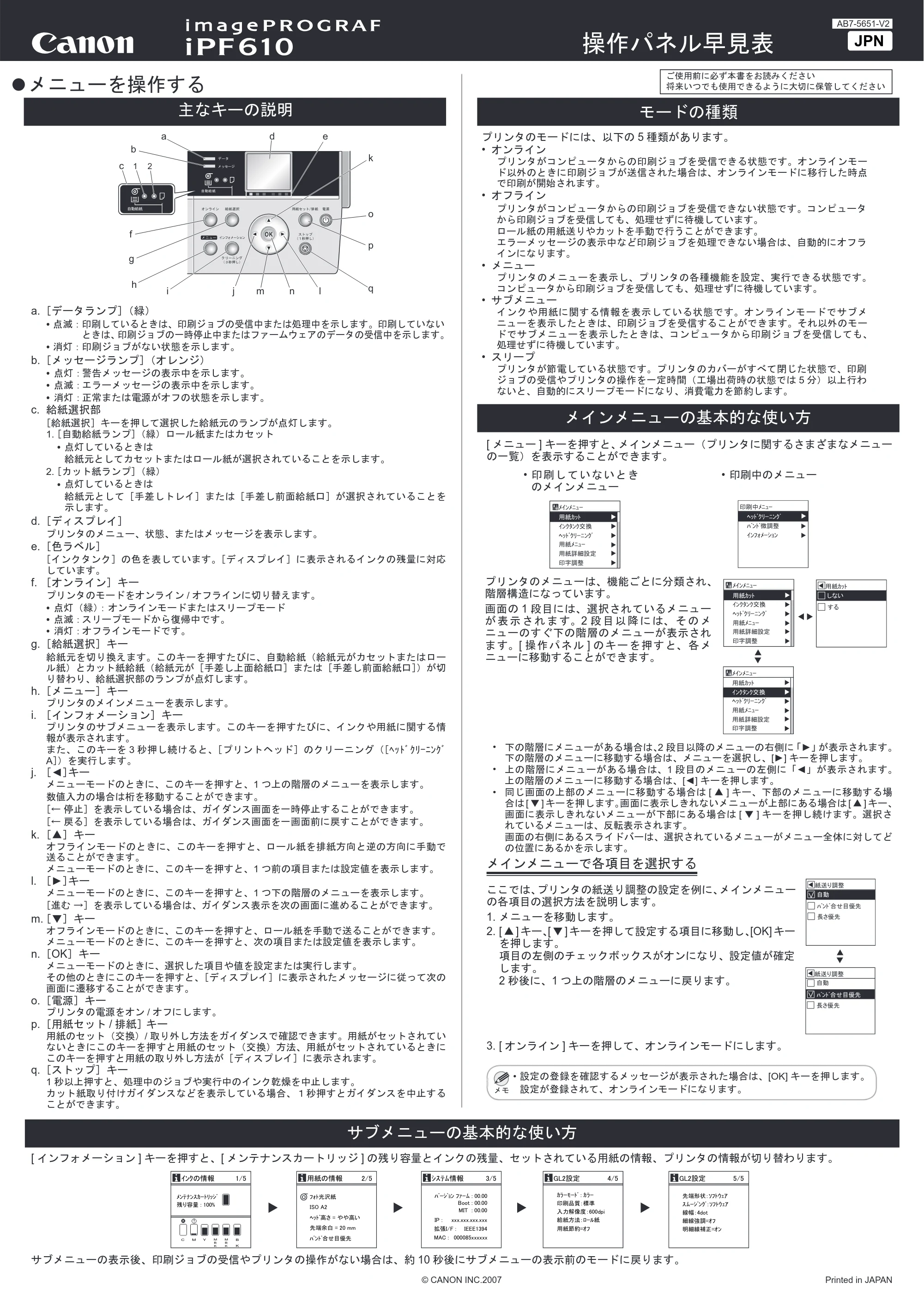 キヤノン iPF610 メニュールートマップ （PDF形式／0.89Mバイト） — 原本ページ — 1ページ
