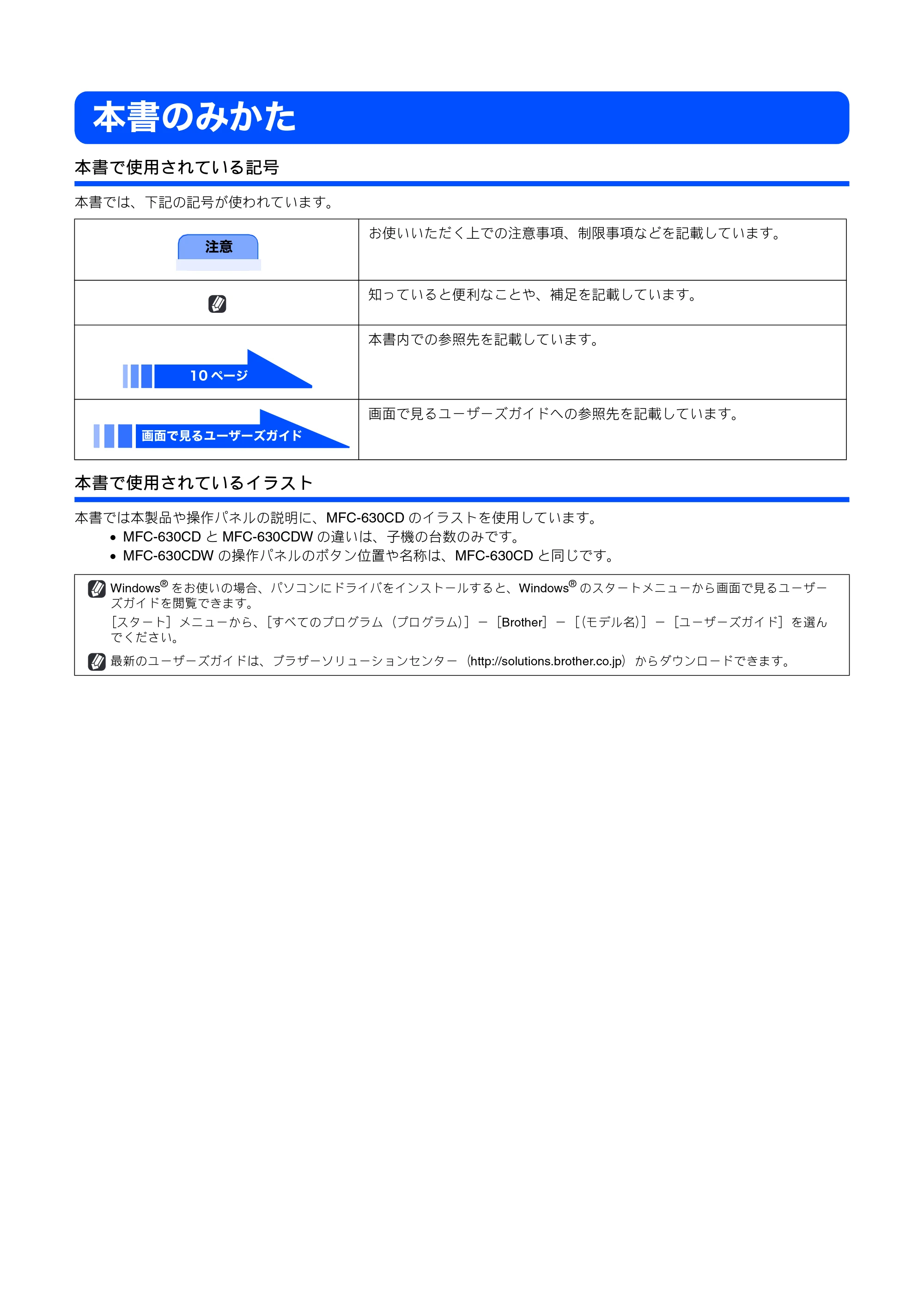 ブラザー MFC-630CD / MFC-630CDW 取扱説明書(本体) — 本書のみかた — 原本ページ — 2ページ