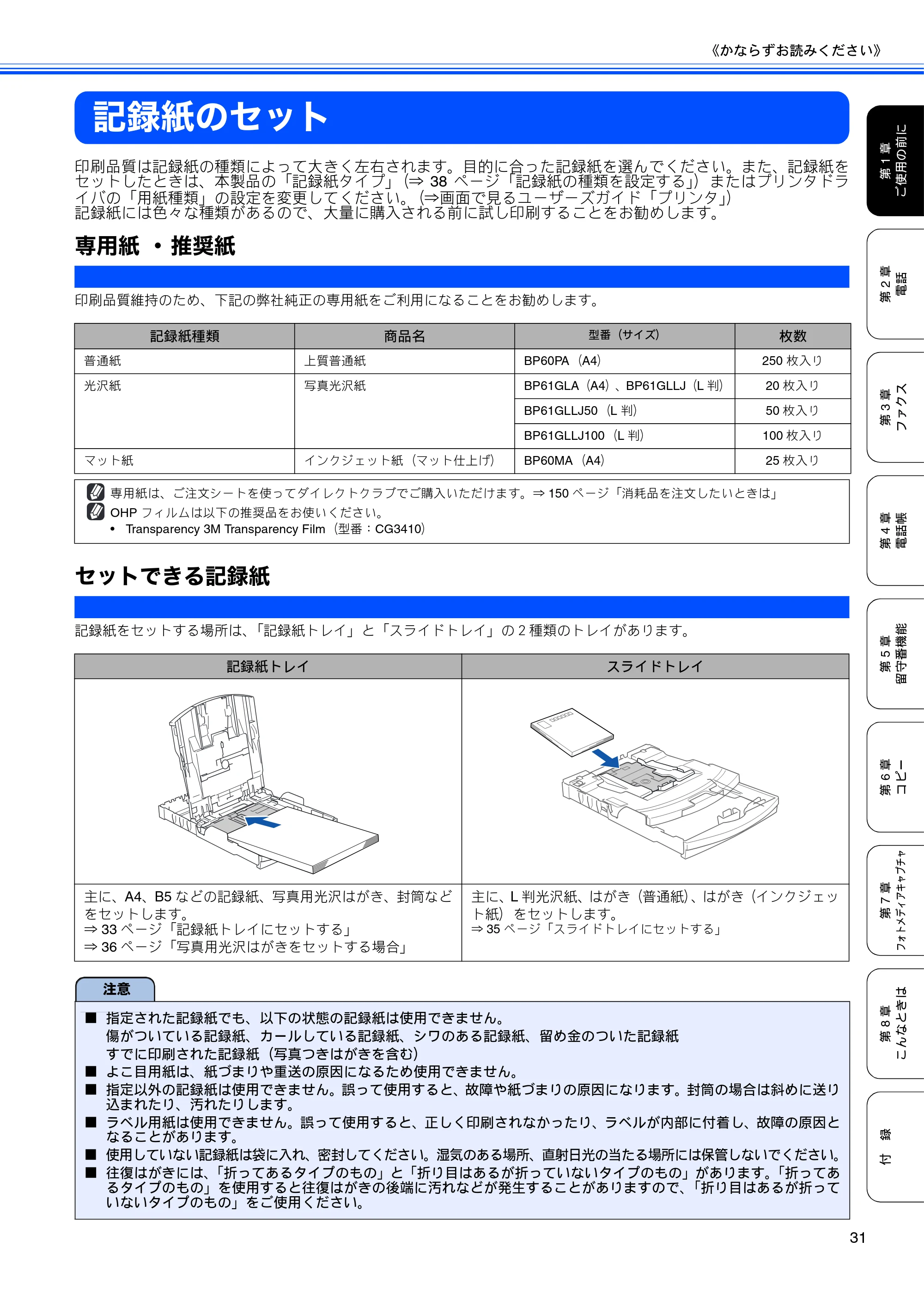 ブラザー MFC-630CD / MFC-630CDW 取扱説明書（本体） — 記録紙のセット — 原本ページ — 33ページ