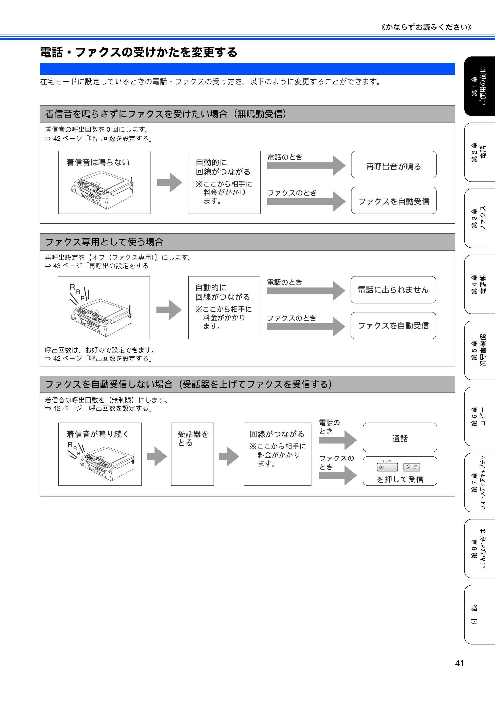 ブラザー MFC-630CD / MFC-630CDW 取扱説明書（本体） — 電話・ファクスの受けかたを変更する — 原本ページ — 43ページ