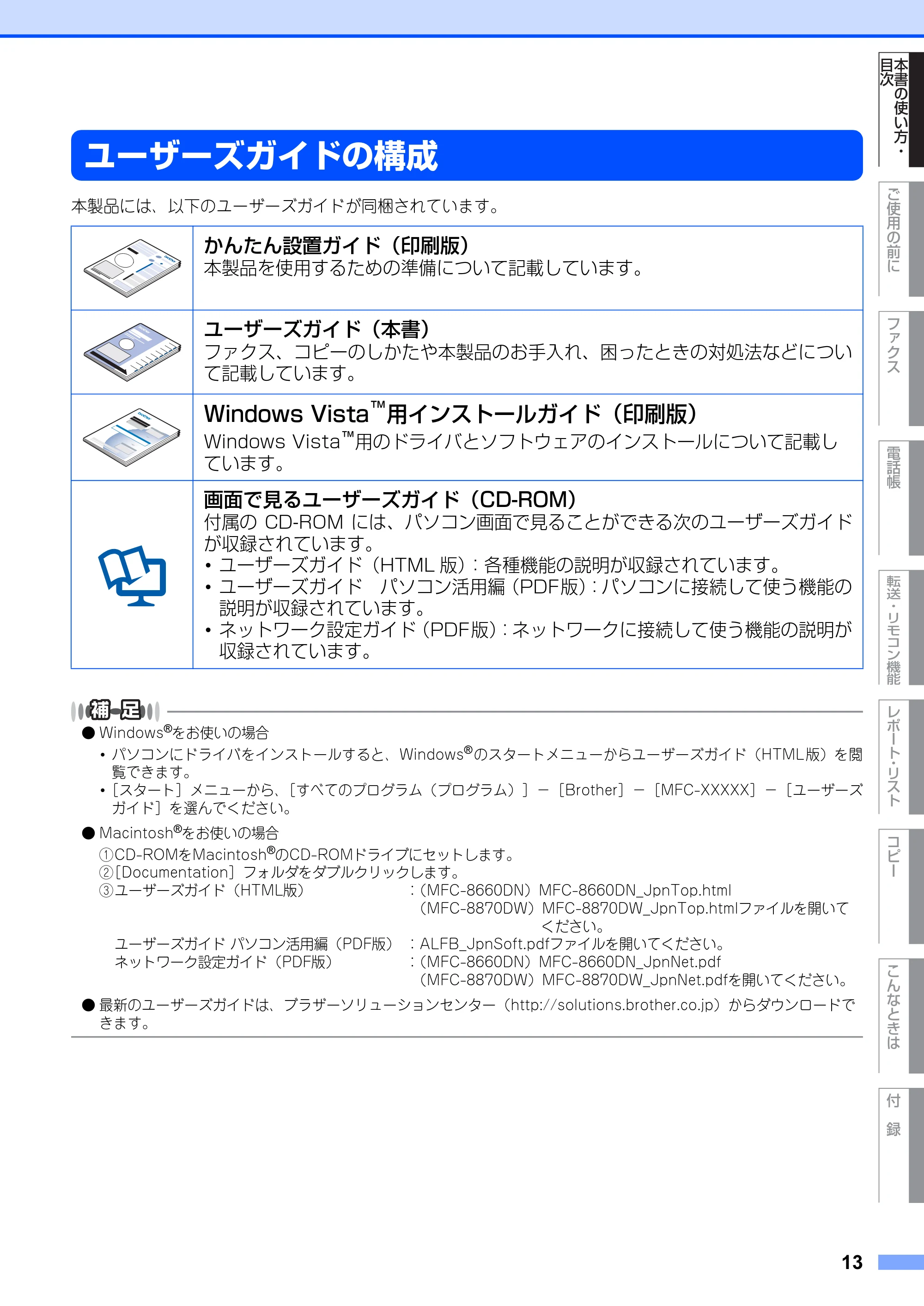 ブラザー MFC-8660DN / MFC-8870DW 取扱説明書（本体） — ユーザーズガイドの構成 — 原本ページ — 13ページ