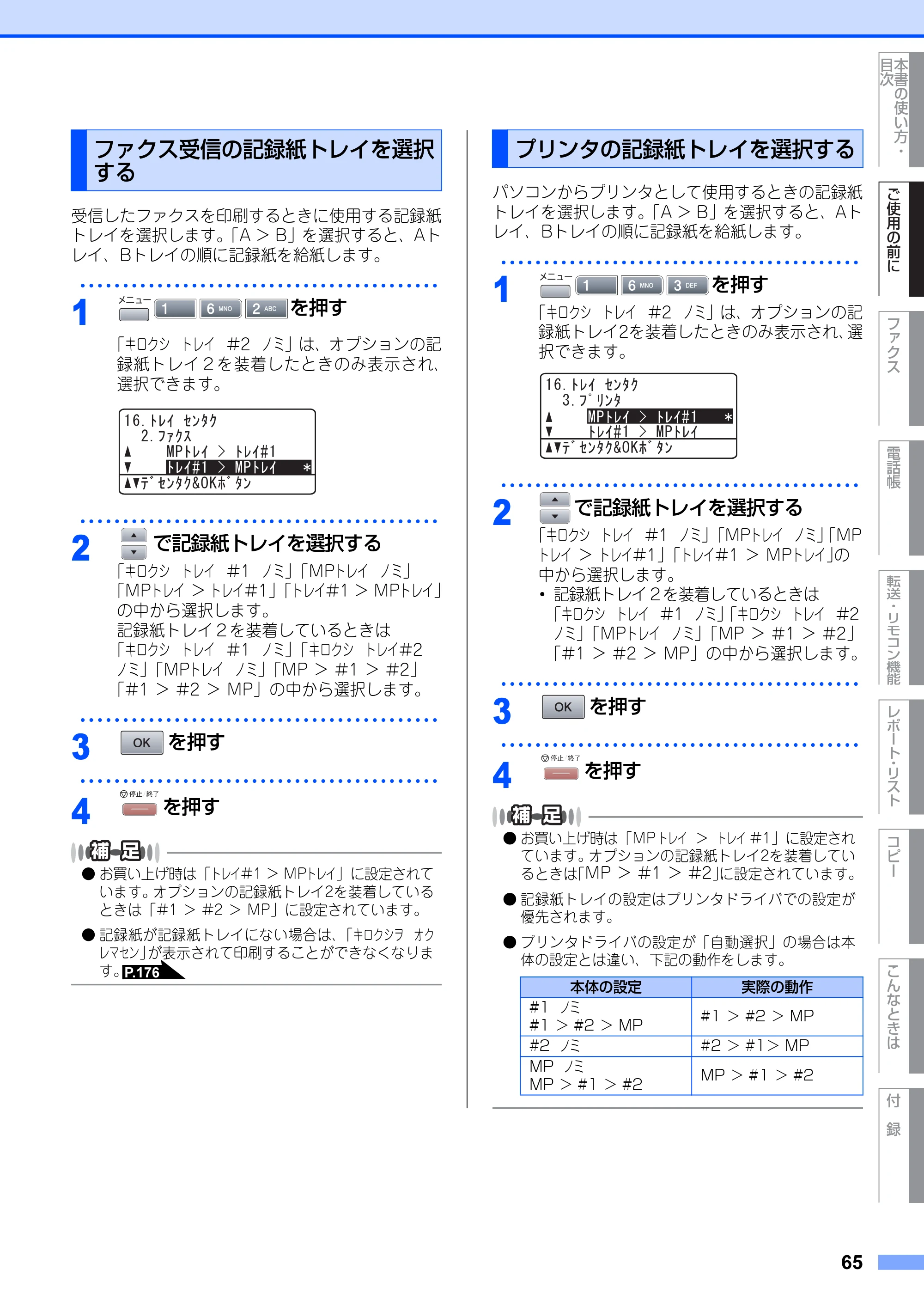 ブラザー MFC-8660DN / MFC-8870DW 取扱説明書（本体） — ファクス受信の記録紙トレイを選択 する — 原本ページ — 65ページ