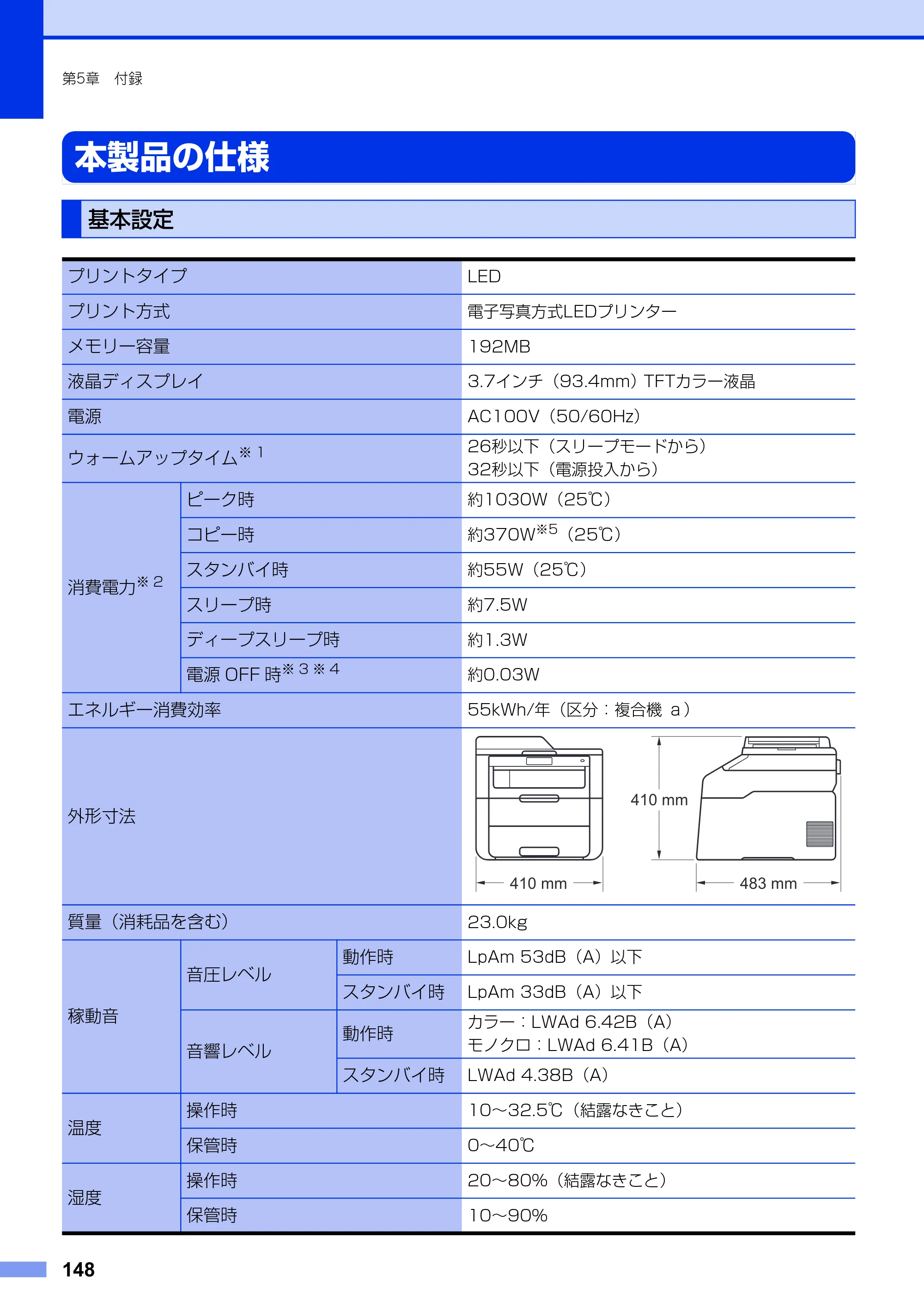 ブラザー DCP-9020CDW ユーザーズガイド ～基本編～ — 本製品の仕様 — 原本ページ — 148ページ