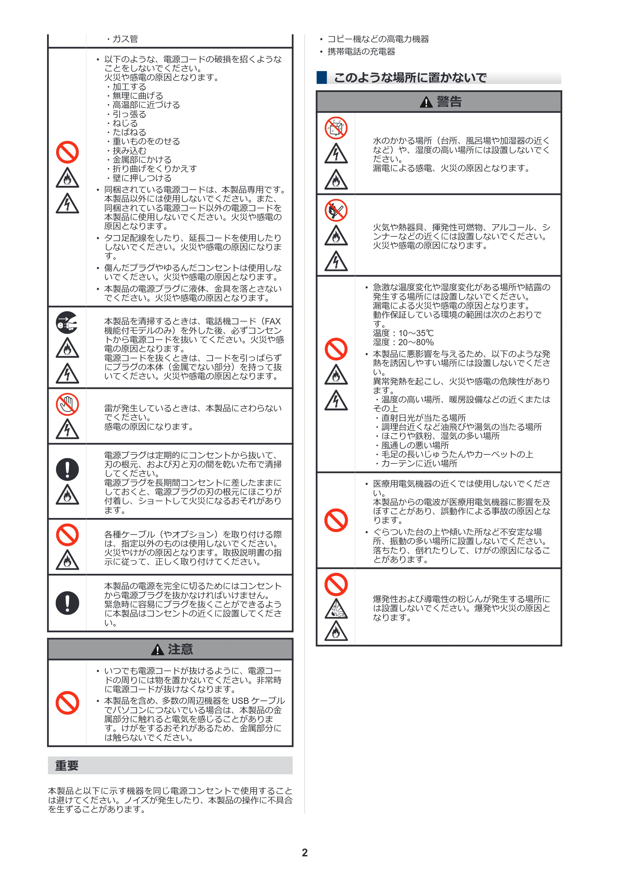 ブラザー DCP-J7205CDW / MFC-J5010N / MFC-J5115N 安全にお使いいただくために — このような場所に置かないで — 原本ページ — 2ページ